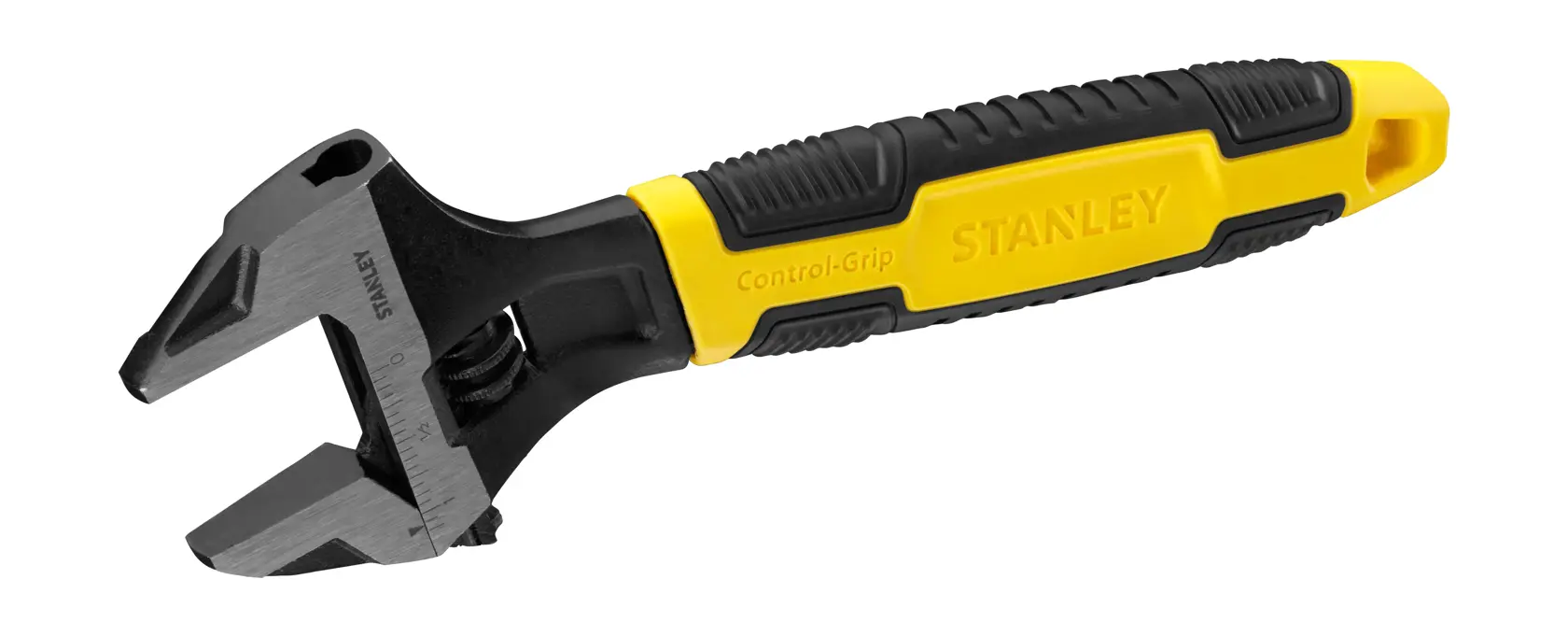 Clé à molette Stanley avec manche ergonomique jaune et noir, conçue pour une prise sûre et un usage polyvalent.