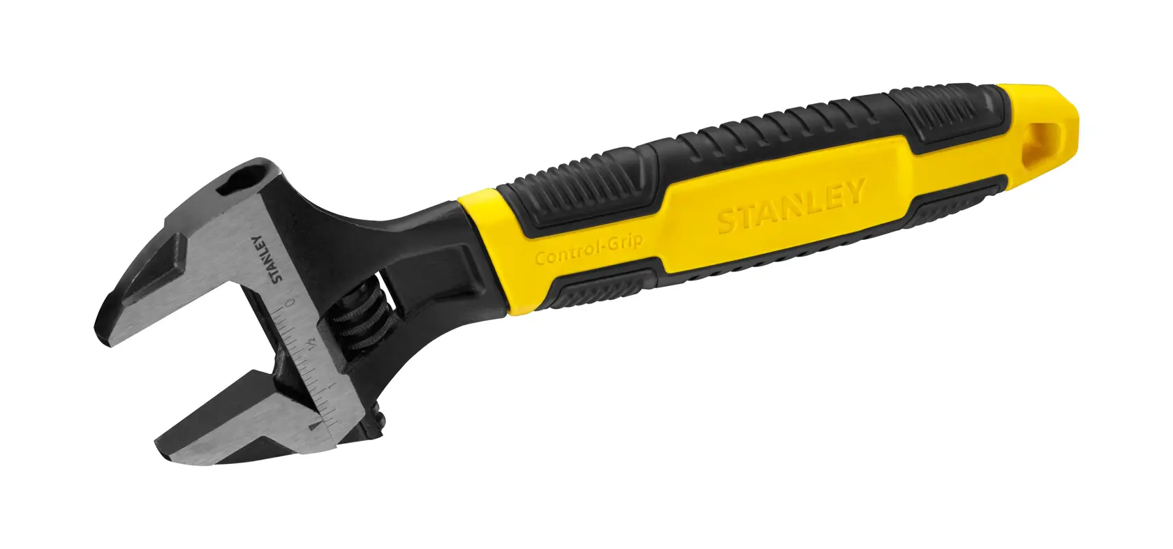 Clé à molette STANLEY 0-90-949 avec manche Control-Grip noir et jaune, vue latérale sur fond blanc.