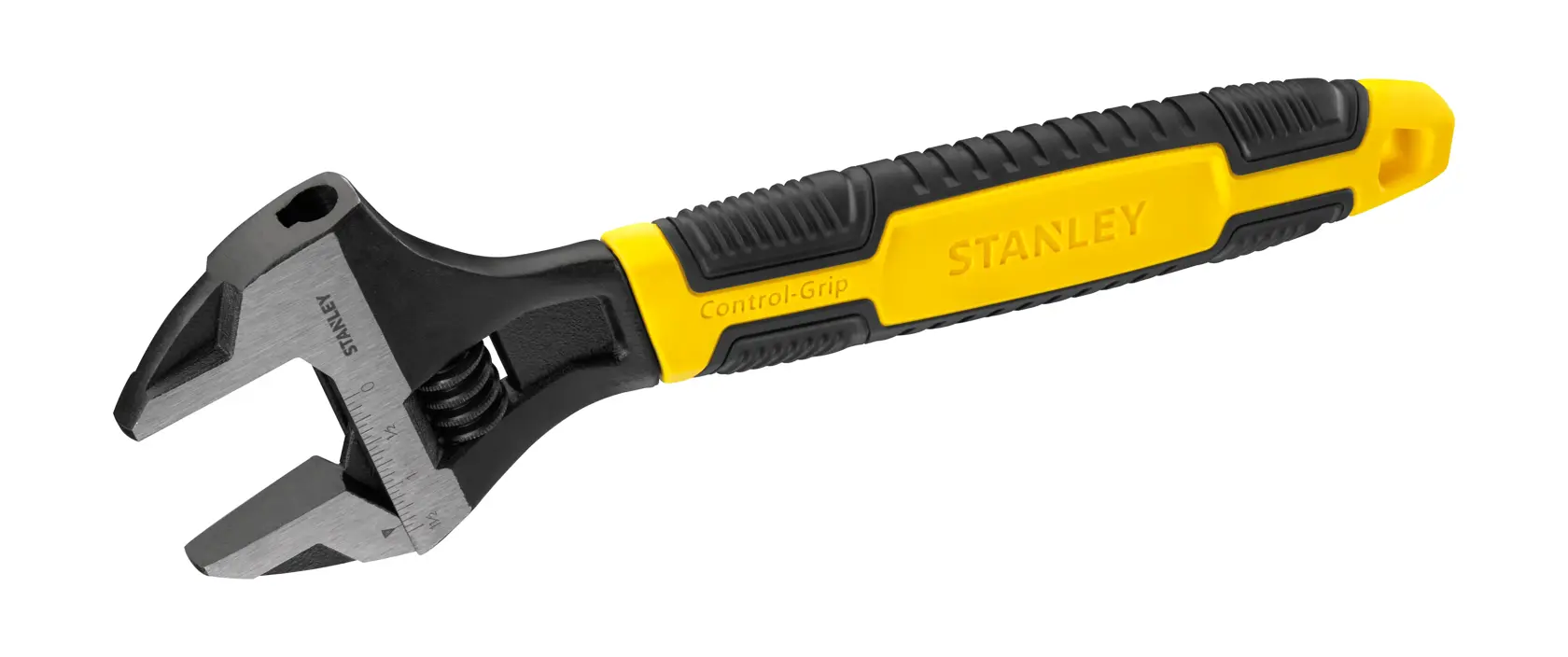 Clé à molette Stanley avec poignée jaune et noire, présentée sur fond blanc.