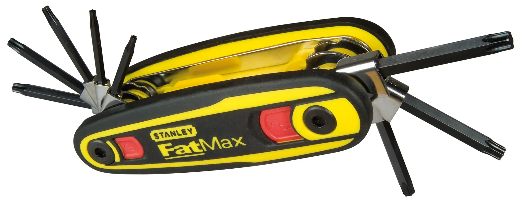 STANLEY 0-97-553 folding torx key set, yellow and black handle, side view, multiple keys extended.