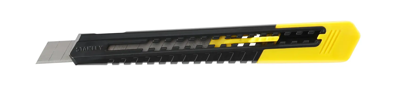 Cutter Stanley à lame sécable, manche noir et jaune, conçu pour les travaux de découpe de précision.