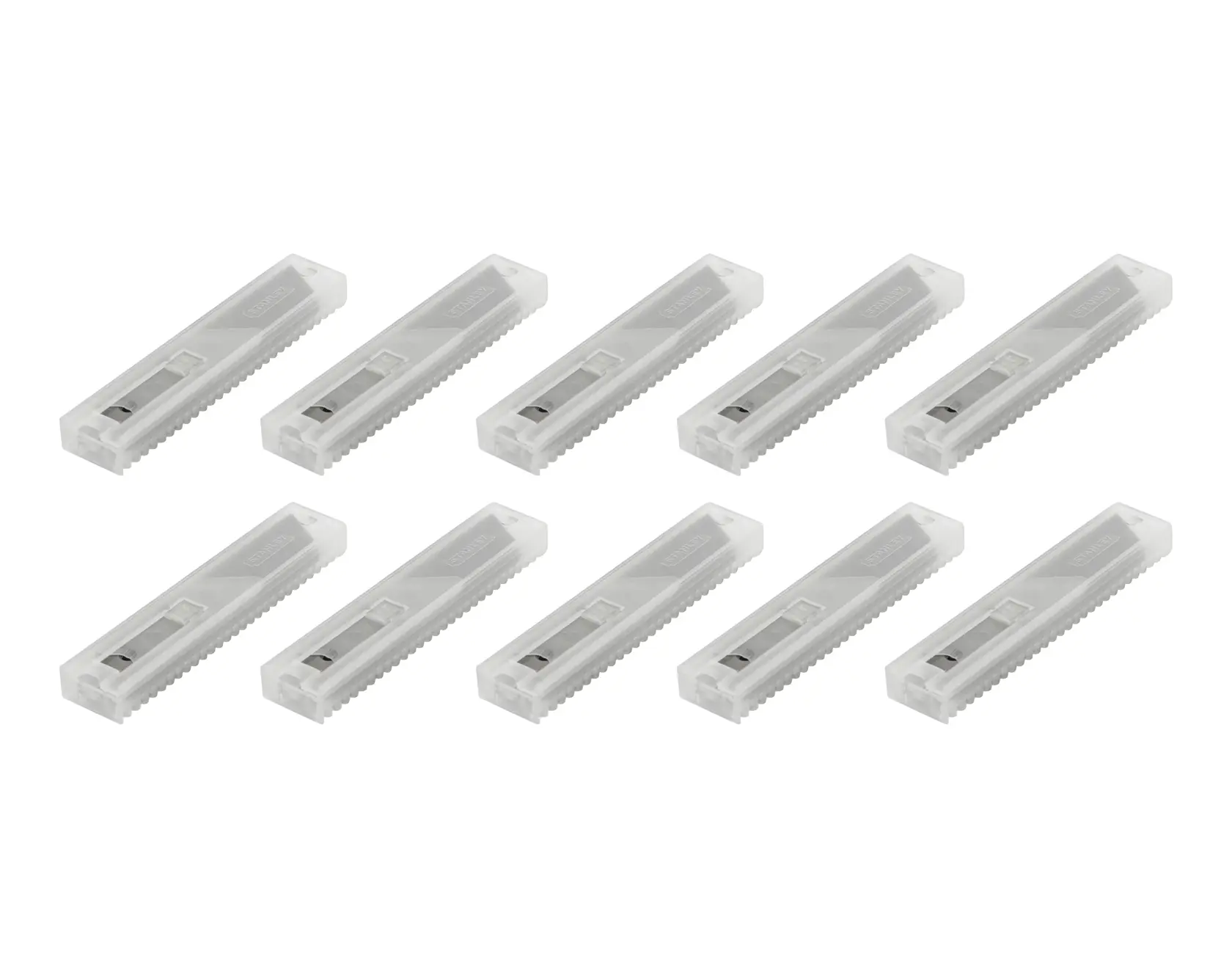 Stanley 1-11-301 lot de lames utilitaires, dix étuis transparents, vue de face en angle, photographie