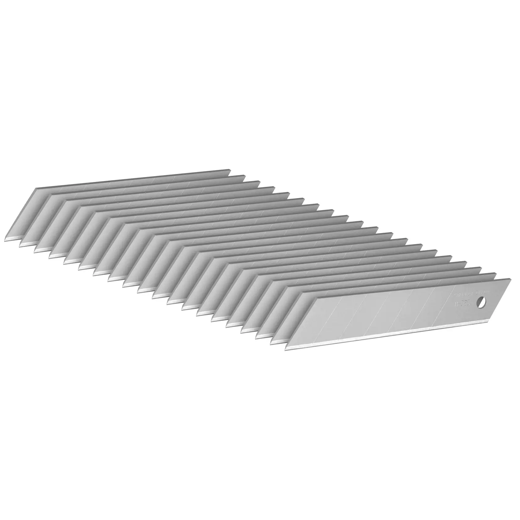 STANLEY 1-11-325 snap-off utility blades, silver, set of blades arranged in a fan, product photo on white background.