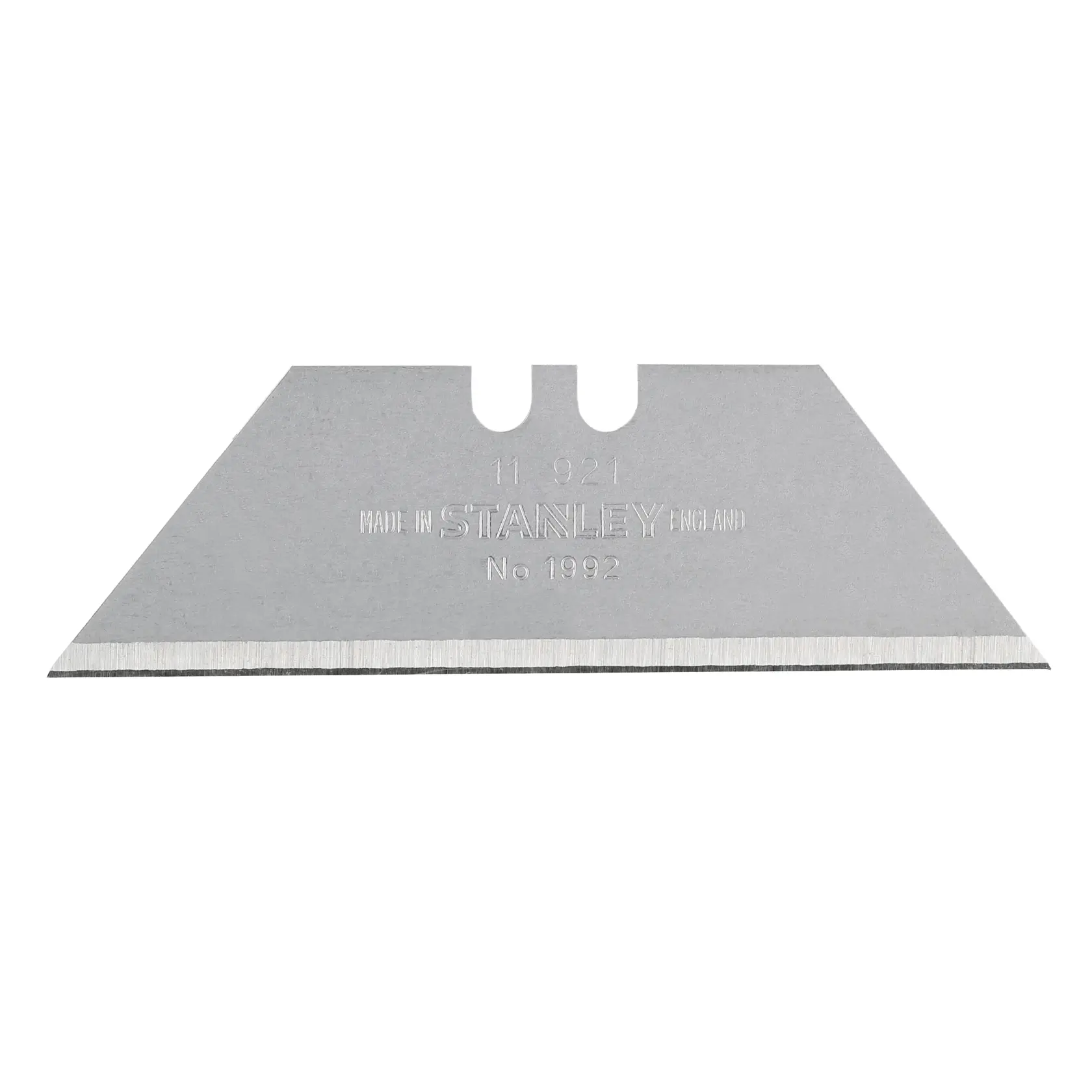 STANLEY 1-11-921 Universalmesser Nahaufnahme schneidet Material, silberner Körper mit Messing-Schieber.