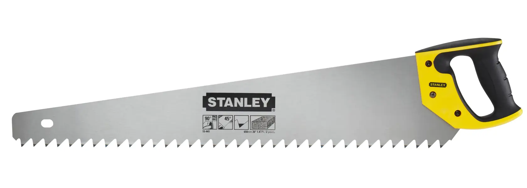 Scie à main Stanley avec poignée jaune et noire, lame large et grandes dents pour isolant.