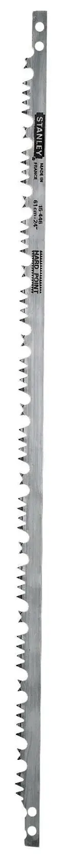 Lame de scie Stanley en acier, dents tranchantes, forme allongée et trous aux extrémités, pour bois.