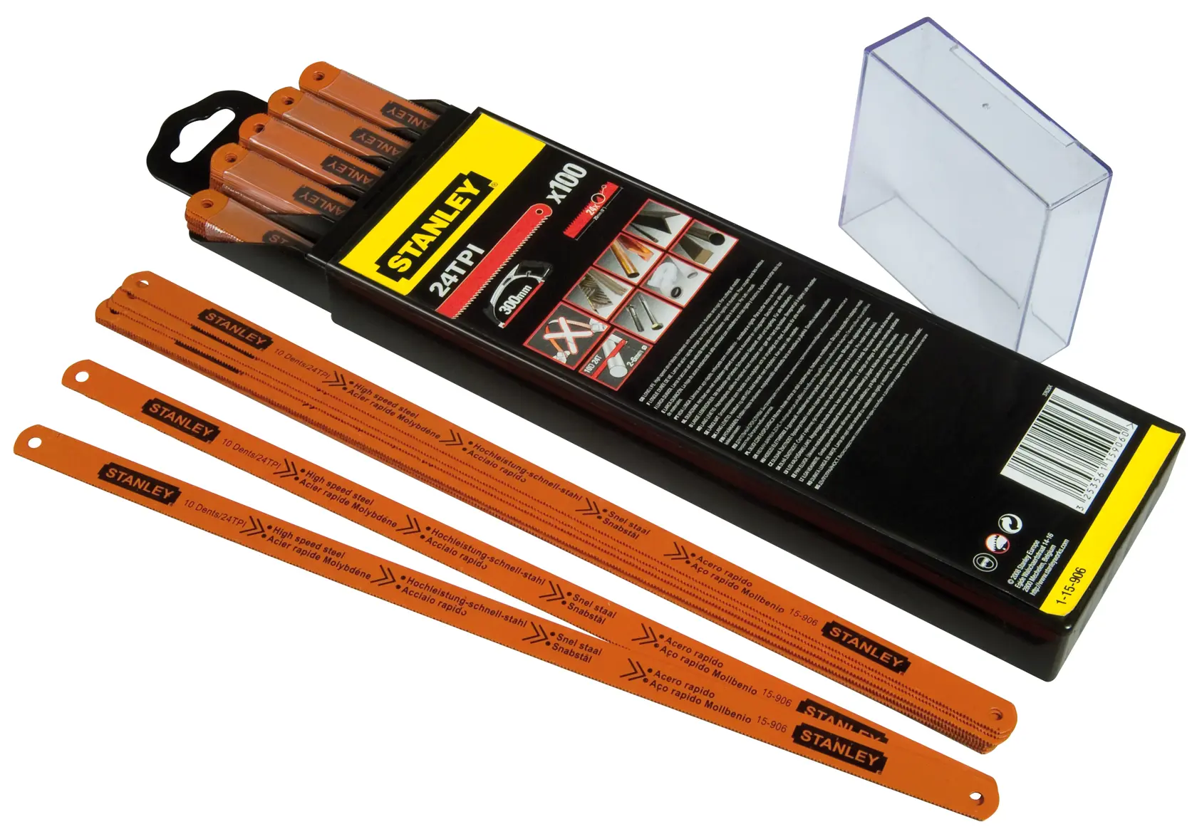 Lot de lames de scie orange Stanley en boîte et récipient transparent, pour couper divers matériaux.