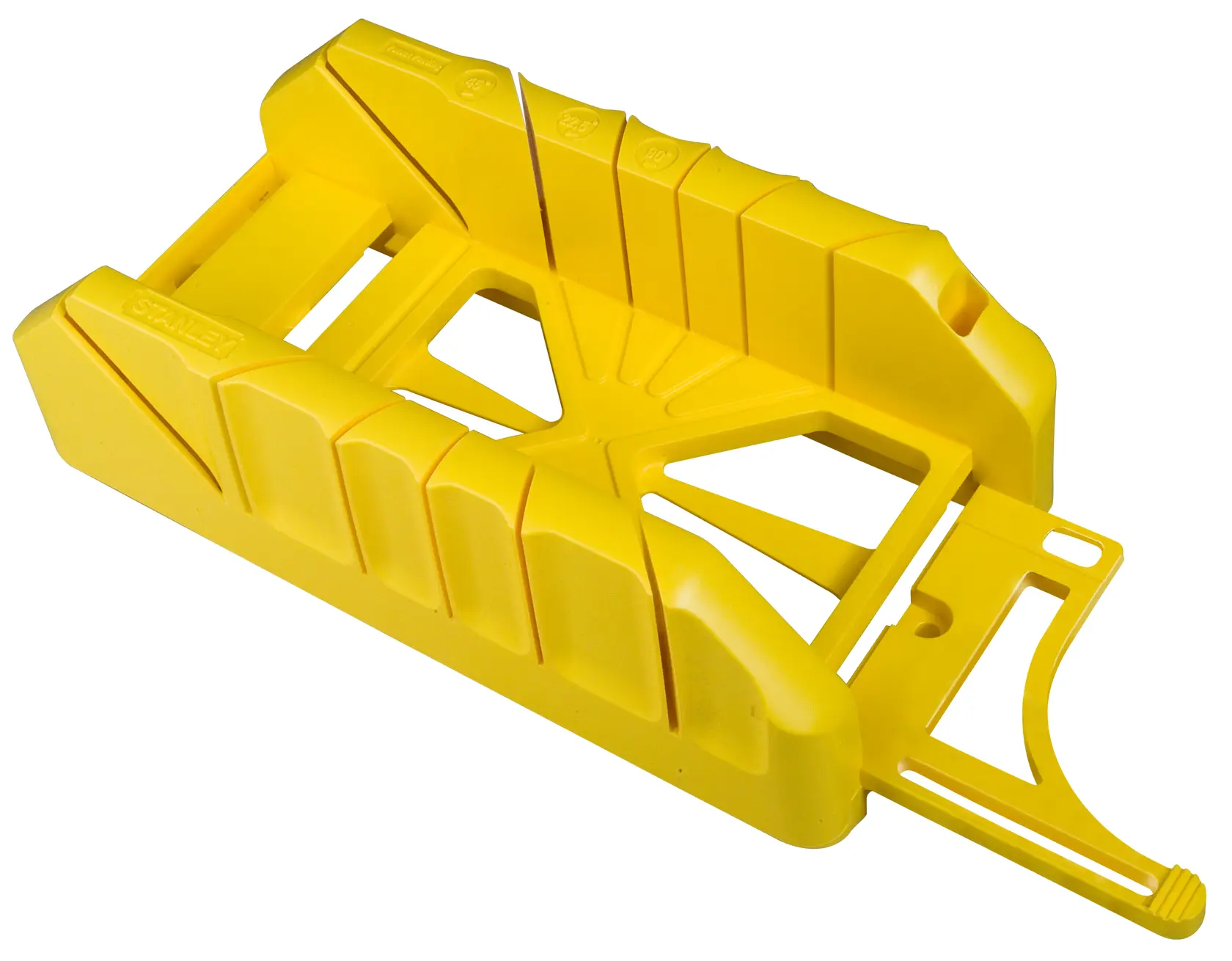 Boîte à onglets STANLEY en plastique jaune pour découpe précise de bois sous différents angles.