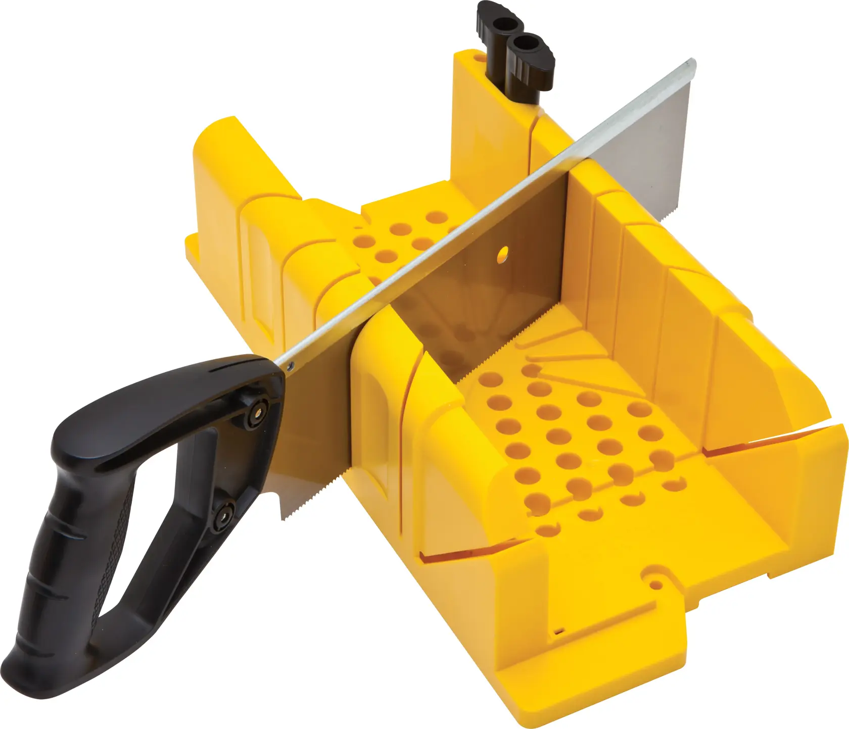 Stanley yellow mitre box with saw for precise angled wood cutting, featuring a black handle and guide slots.