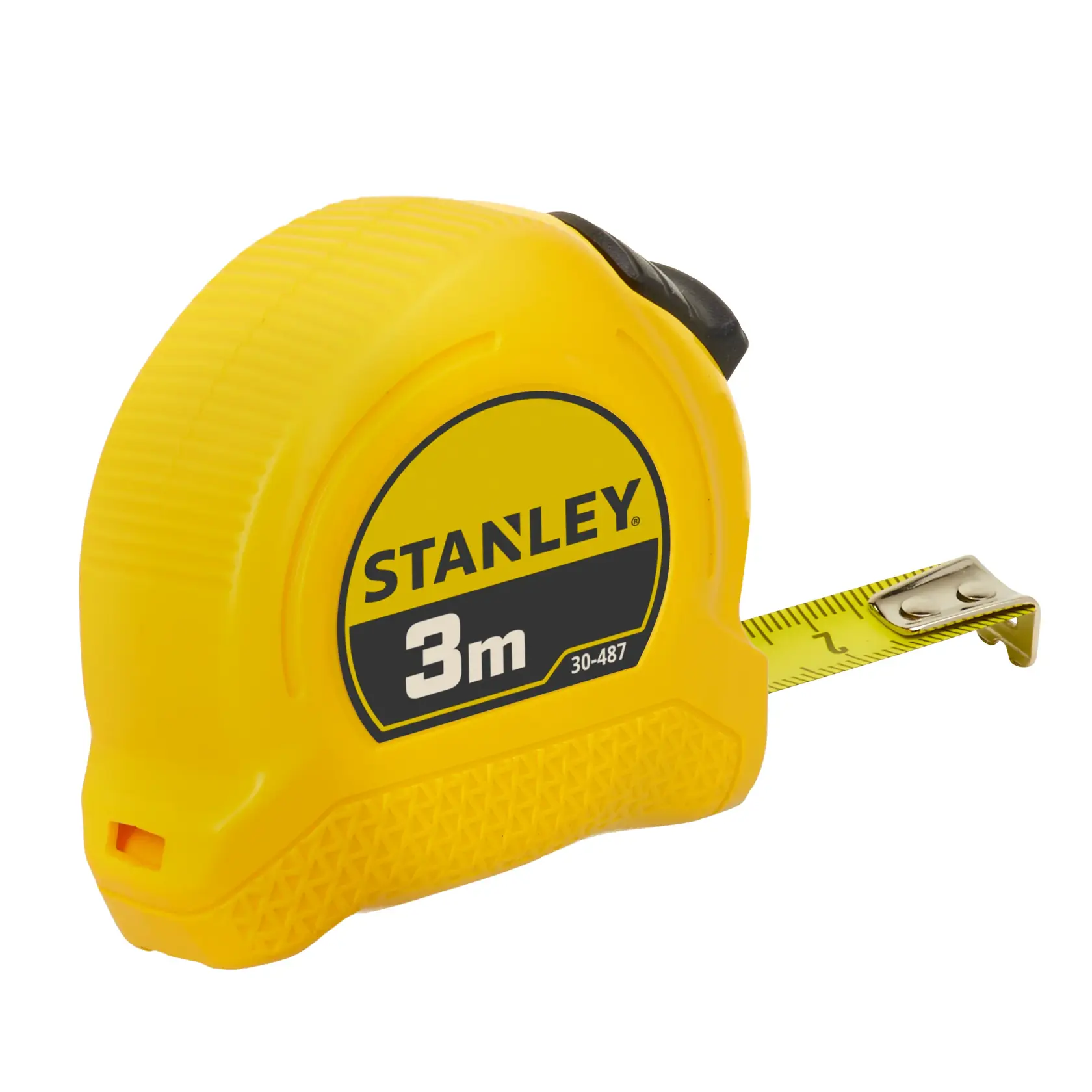 STANLEY 1-30-487 3m yellow tape measure, side angle, with black accents and metal hook extended.