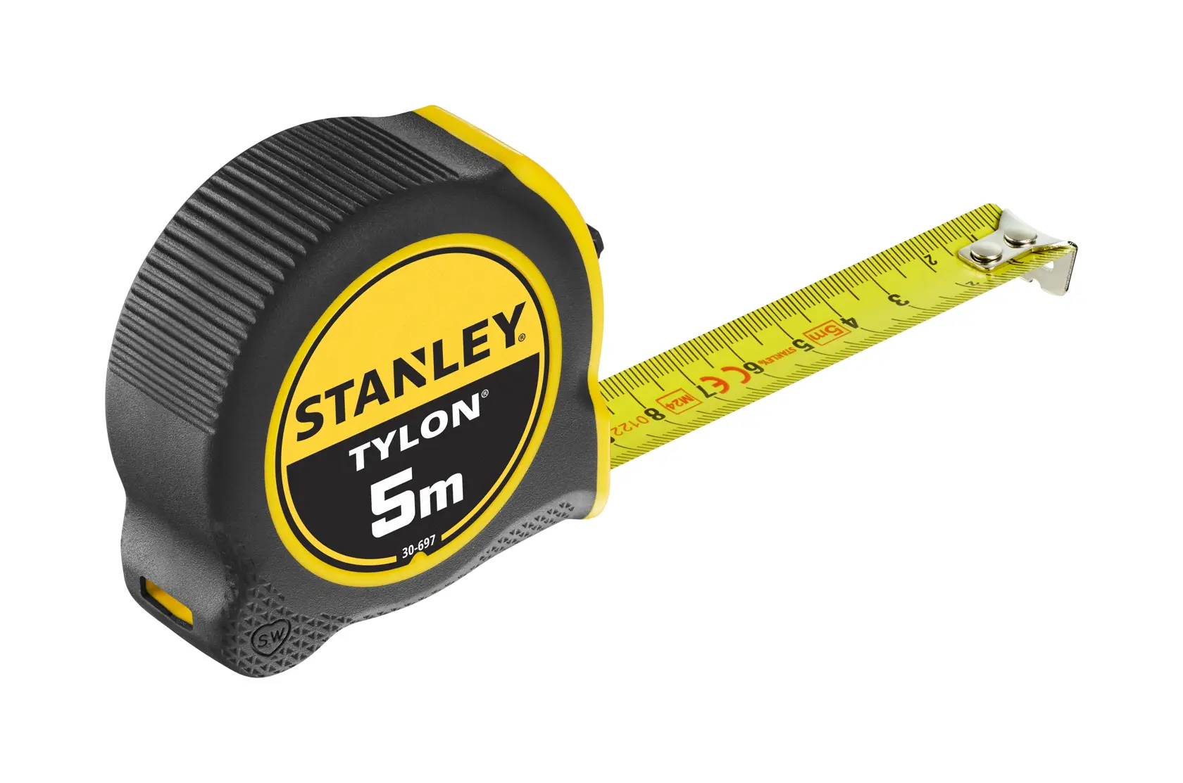Foto des STANLEY 1-30-697 Maßbands, 5 m, schwarz-gelbes Gehäuse, Frontansicht, ausgezogener gelber Bandmaß.