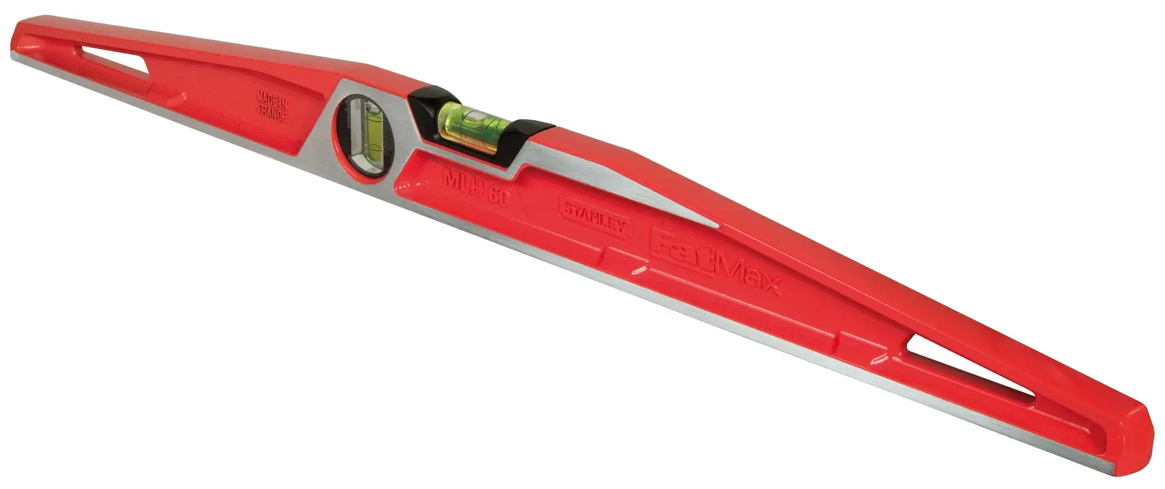 Niveau à bulle STANLEY rouge avec deux fioles, design allongé, utilisé pour des mesures précises.