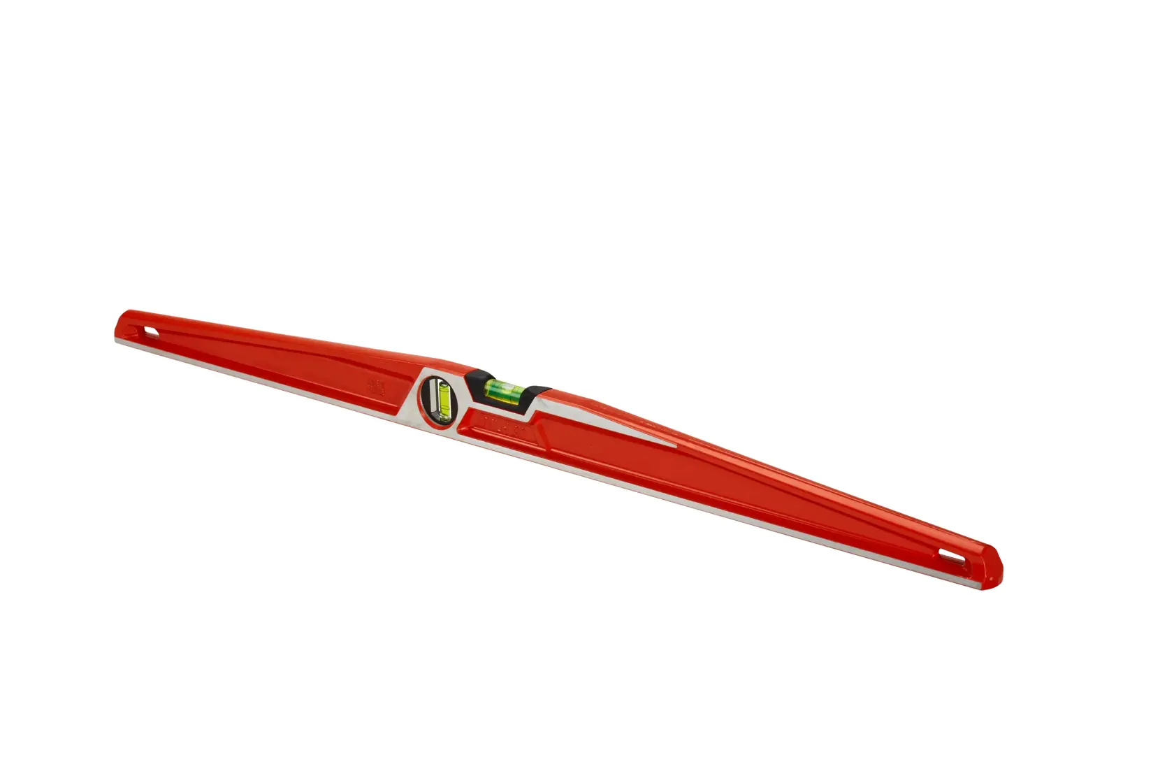 Red Stanley spirit level tool with bubble vial in center, designed for precise measurements.