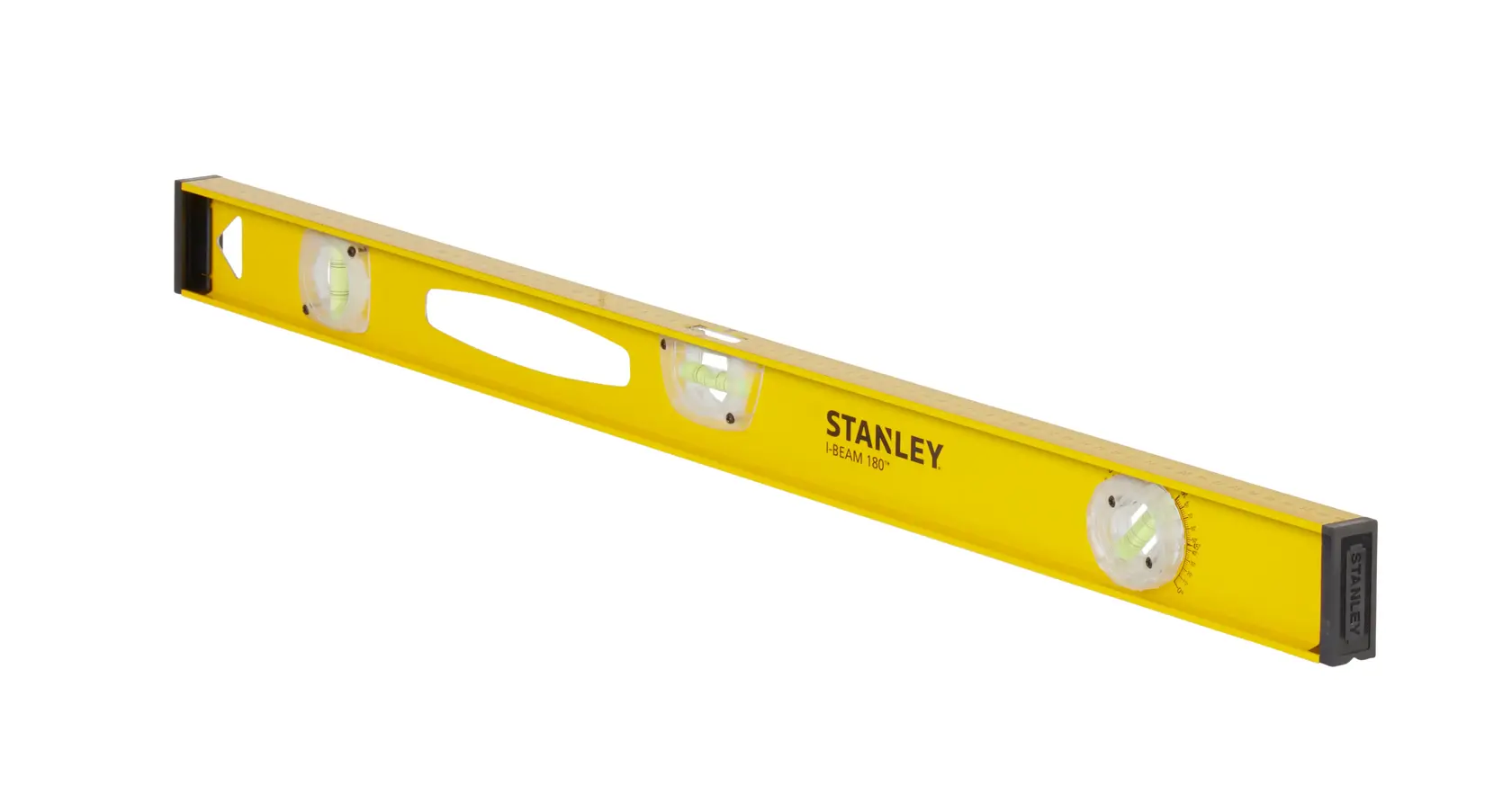 Niveau à bulle jaune STANLEY avec trois fioles et poignée, utilisé pour mesurer l’alignement horizontal.