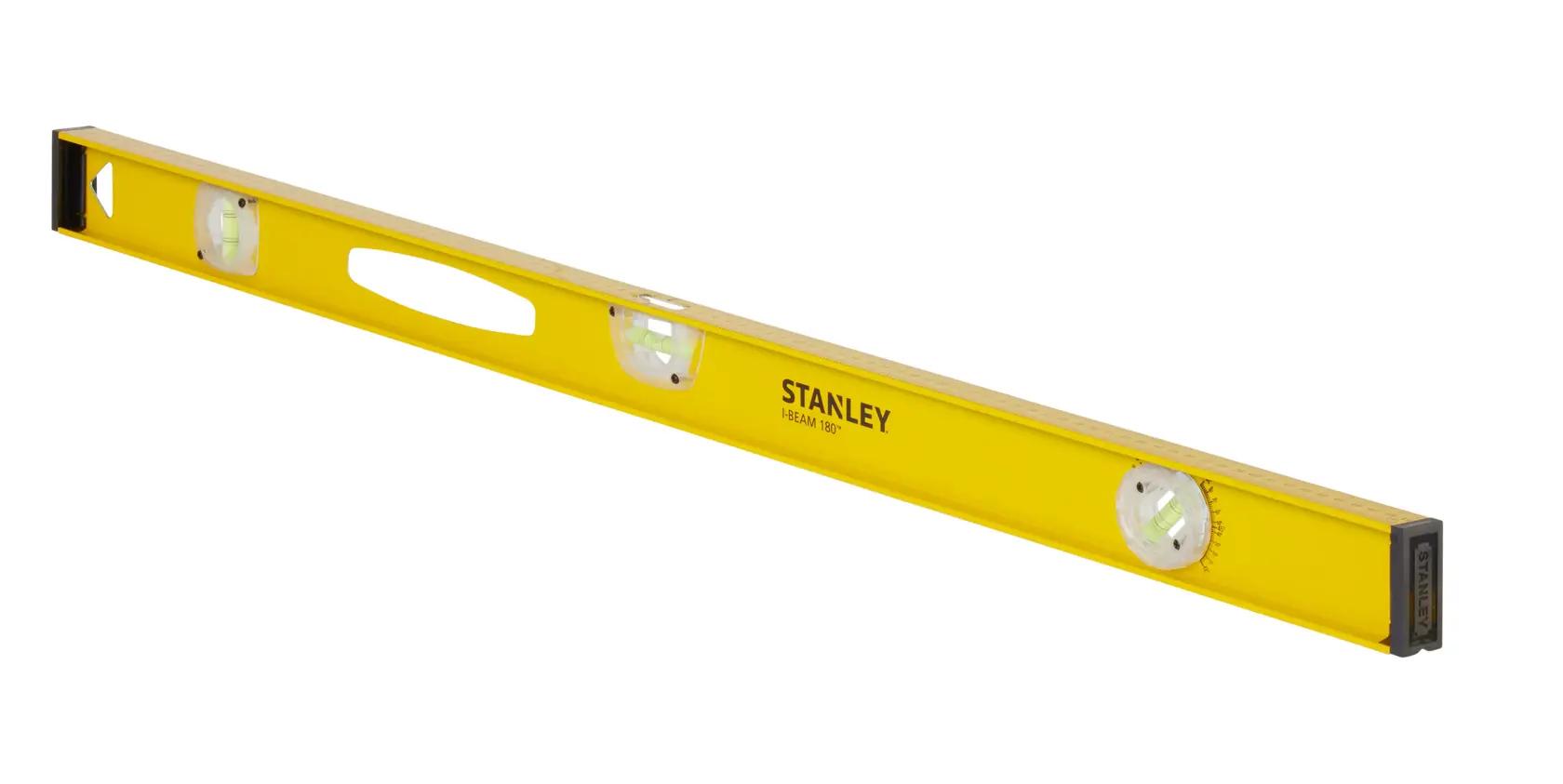 STANLEY 1-42-922 niveau à bulle jaune avec trois fioles, vue latérale sur fond blanc.