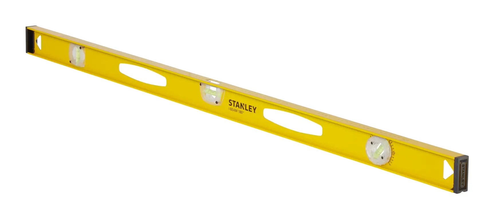STANLEY 1-42-923 niveau à bulle jaune avec trois fioles, photographie, incliné sur fond blanc.