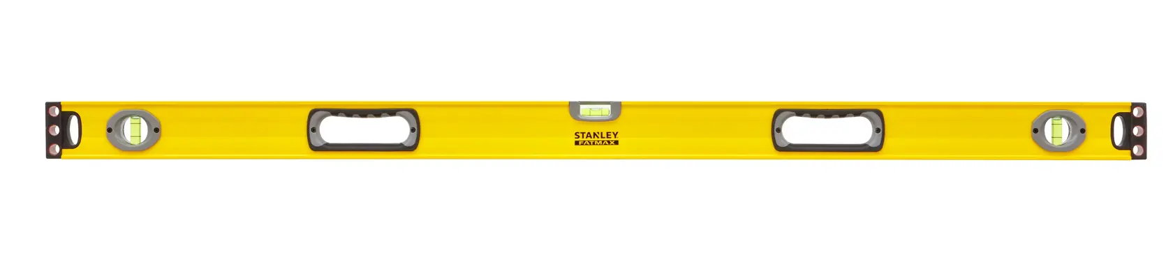 STANLEY 1-43-548 yellow spirit level with handles, photography, front view on white background.
