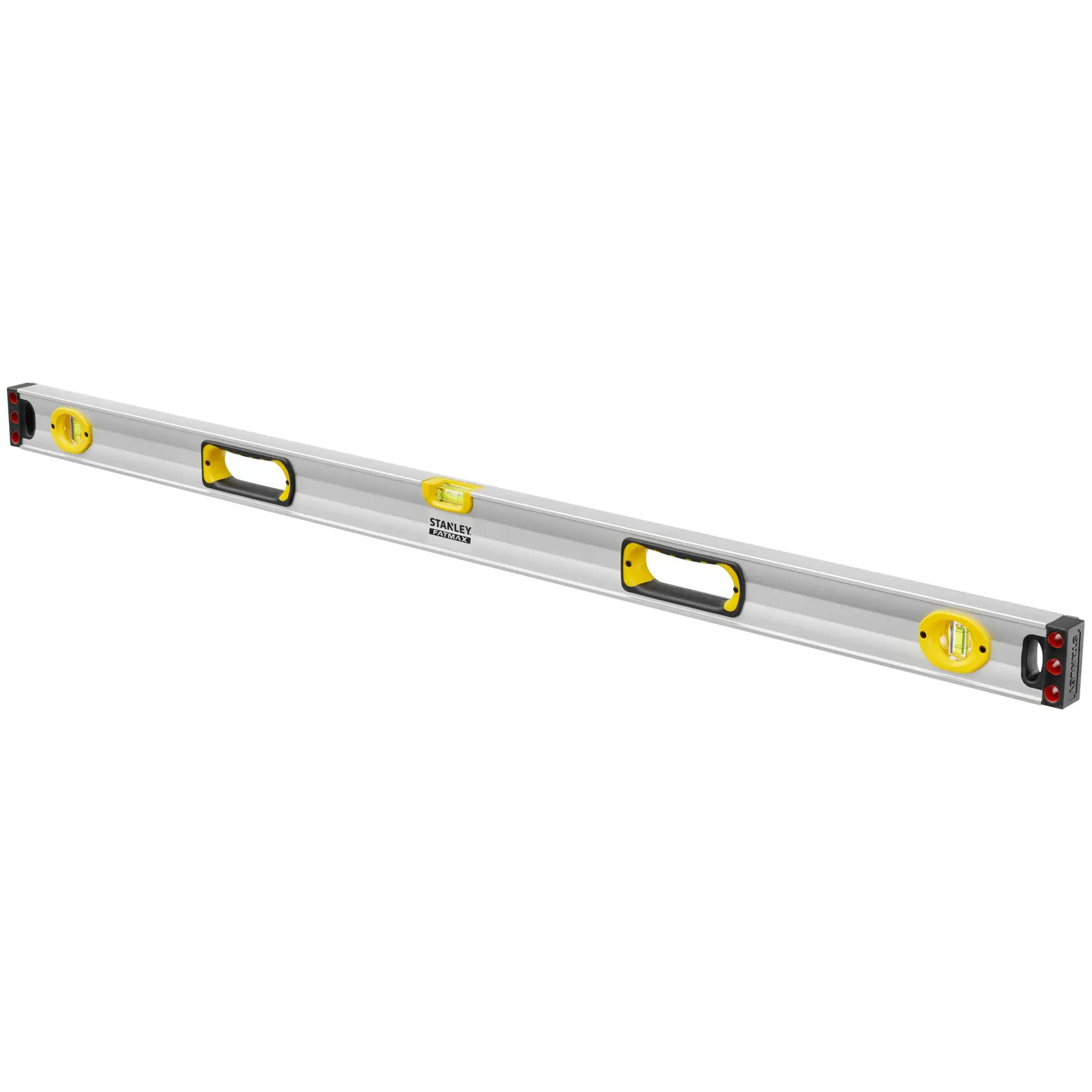 STANLEY 1-43-549 spirit level, silver with yellow vials and black handles, side angle on white background.