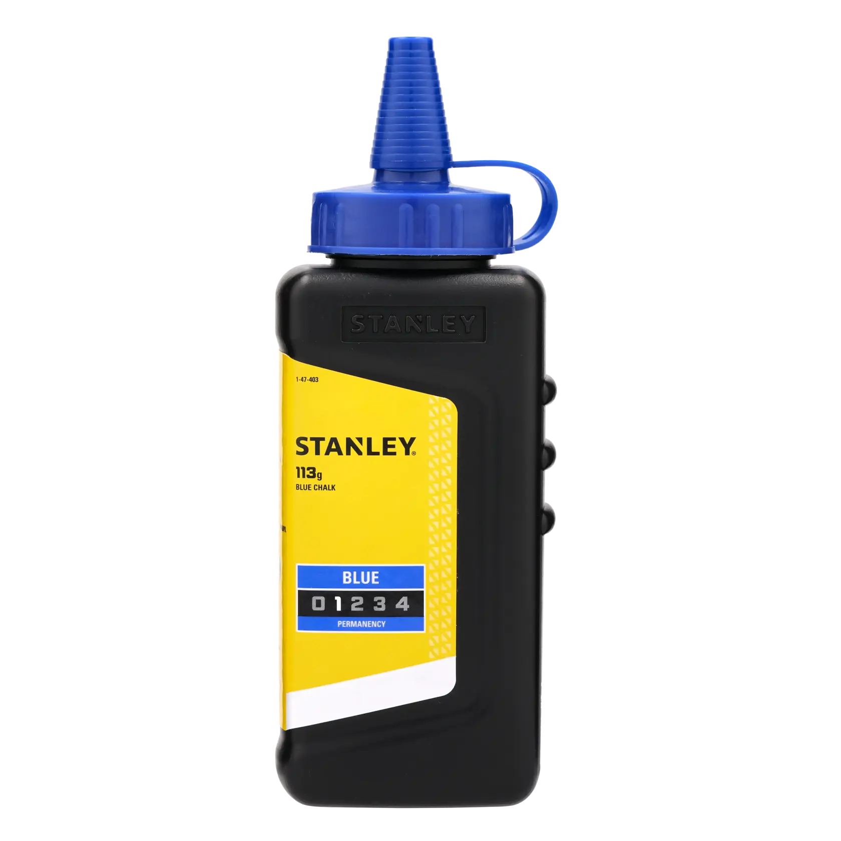 STANLEY 1-47-403 bouteille de craie bleue, 113g, étiquette jaune et bouchon bleu, photo du produit sur fond blanc.