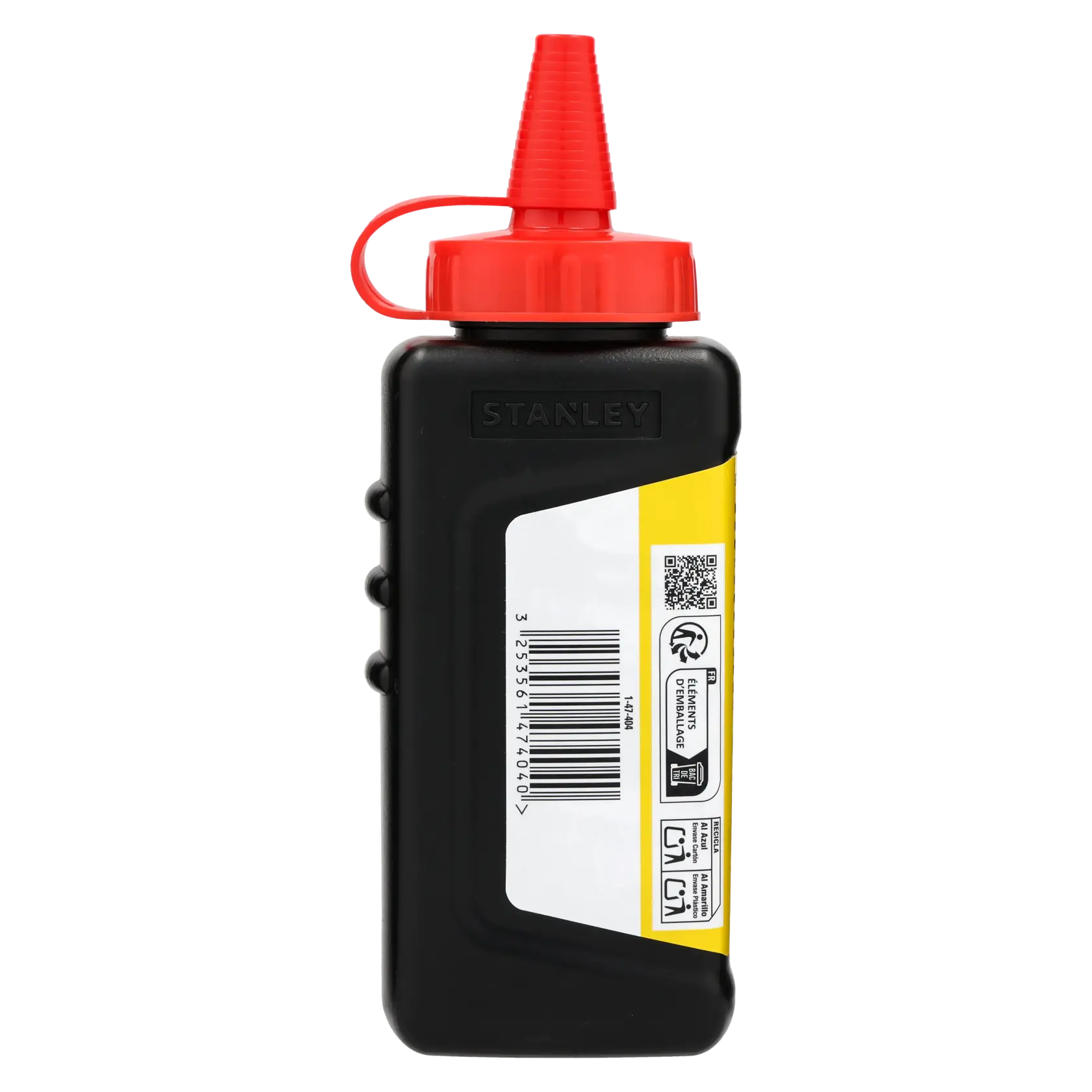 STANLEY 1-47-404 bouteille de poudre à tracer avec bouchon rouge, photographie produit, angle latéral, récipient noir.