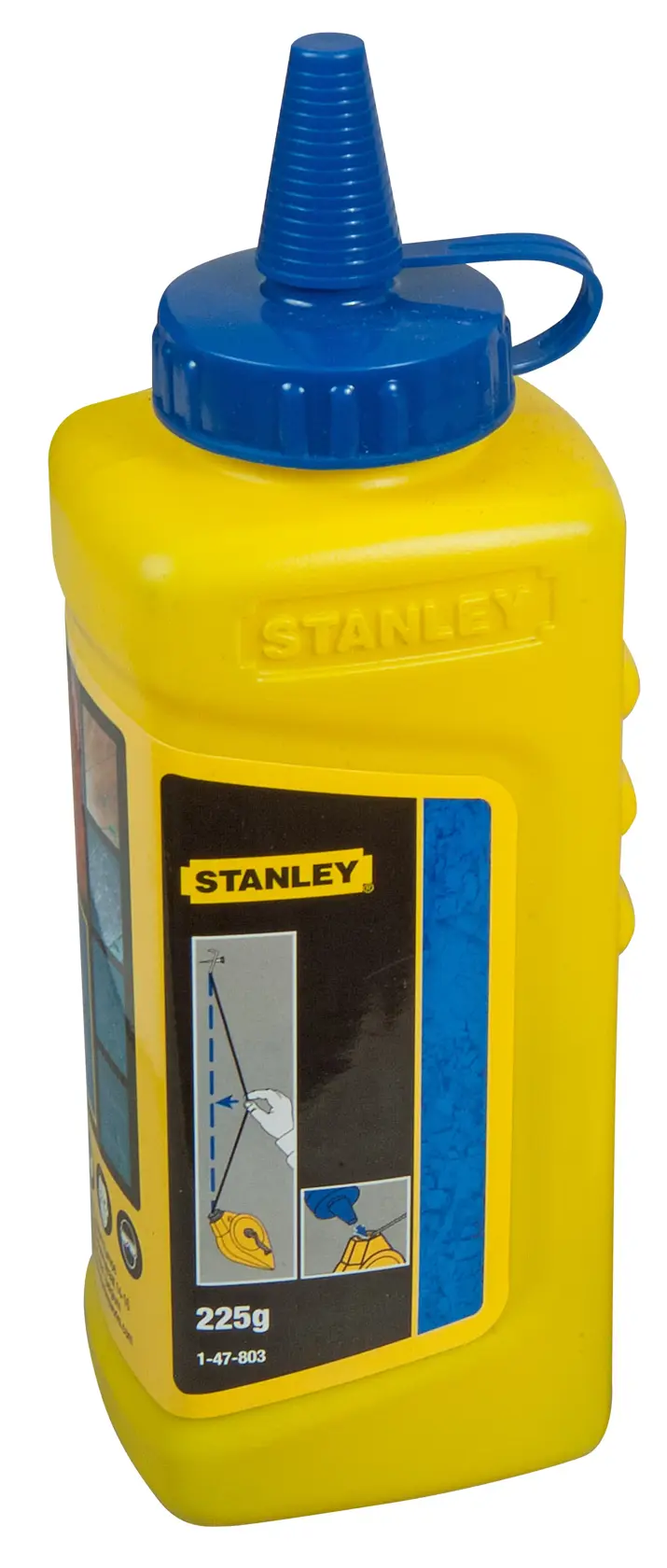 STANLEY 1-47-803 Nachfüllkreide, gelbe Kunststoffflasche mit blauer Düse, schräge Ansicht.