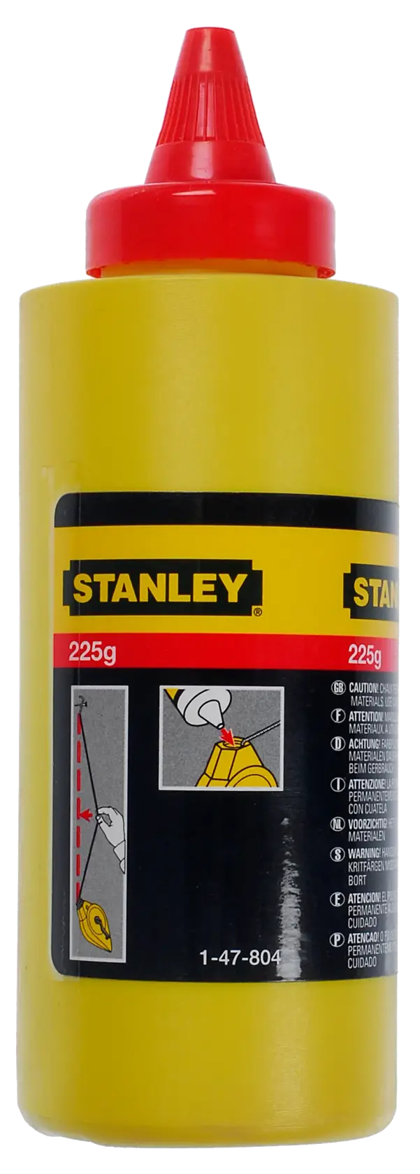 Bouteille de poudre de craie jaune STANLEY 1-47-804, 225g, avec bouchon rouge, vue de face, pour tracer des lignes.