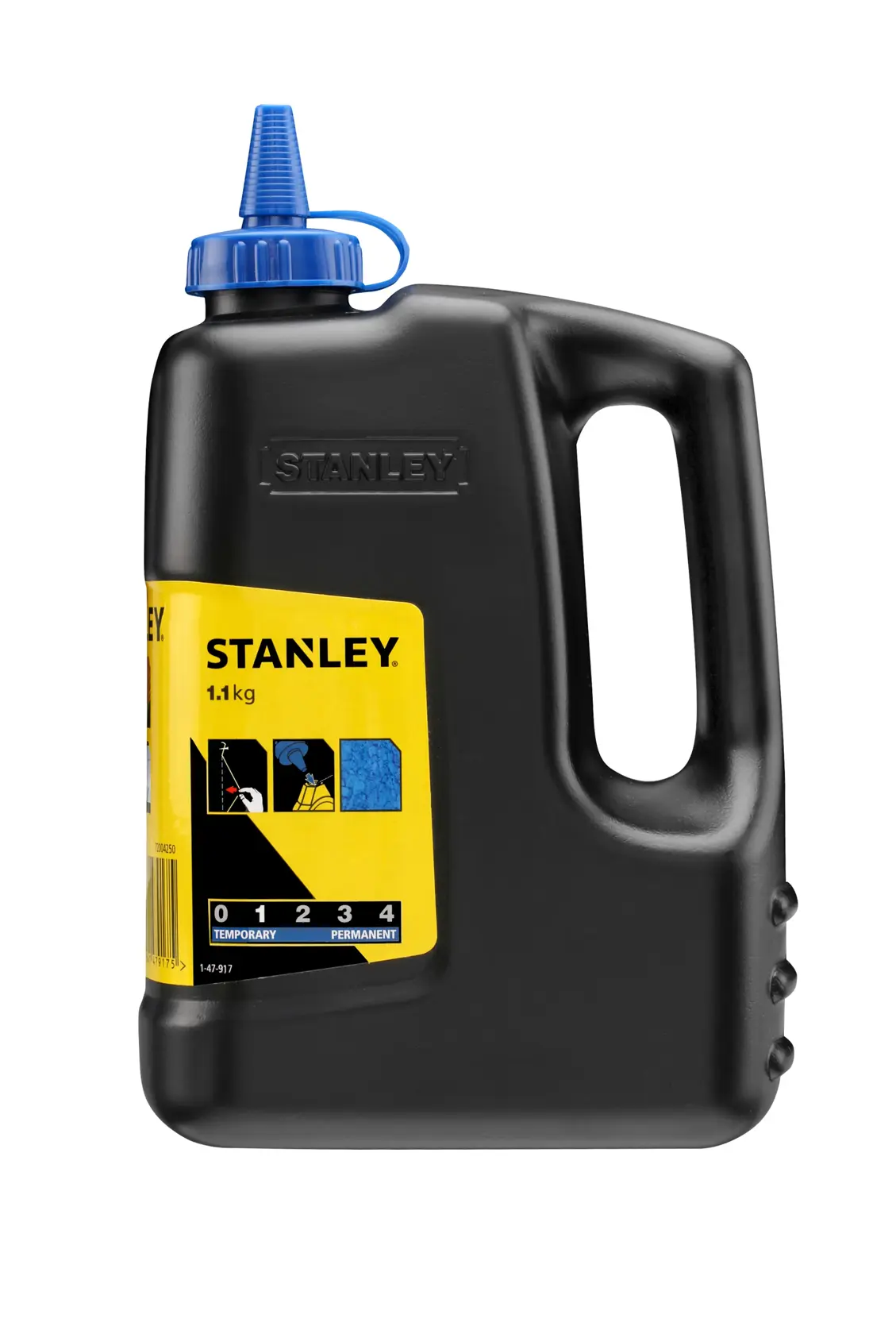 Bouteille noire de poudre à tracer STANLEY 1-47-917 avec étiquette jaune et bouchon bleu, vue de face sur fond blanc.