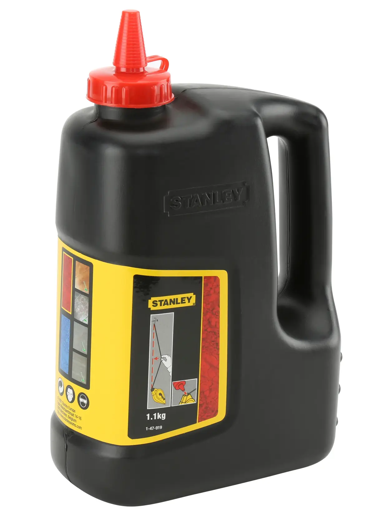STANLEY 1-47-919 récipient noir de poudre de craie avec bouchon rouge, angle avant, étiquette visible.