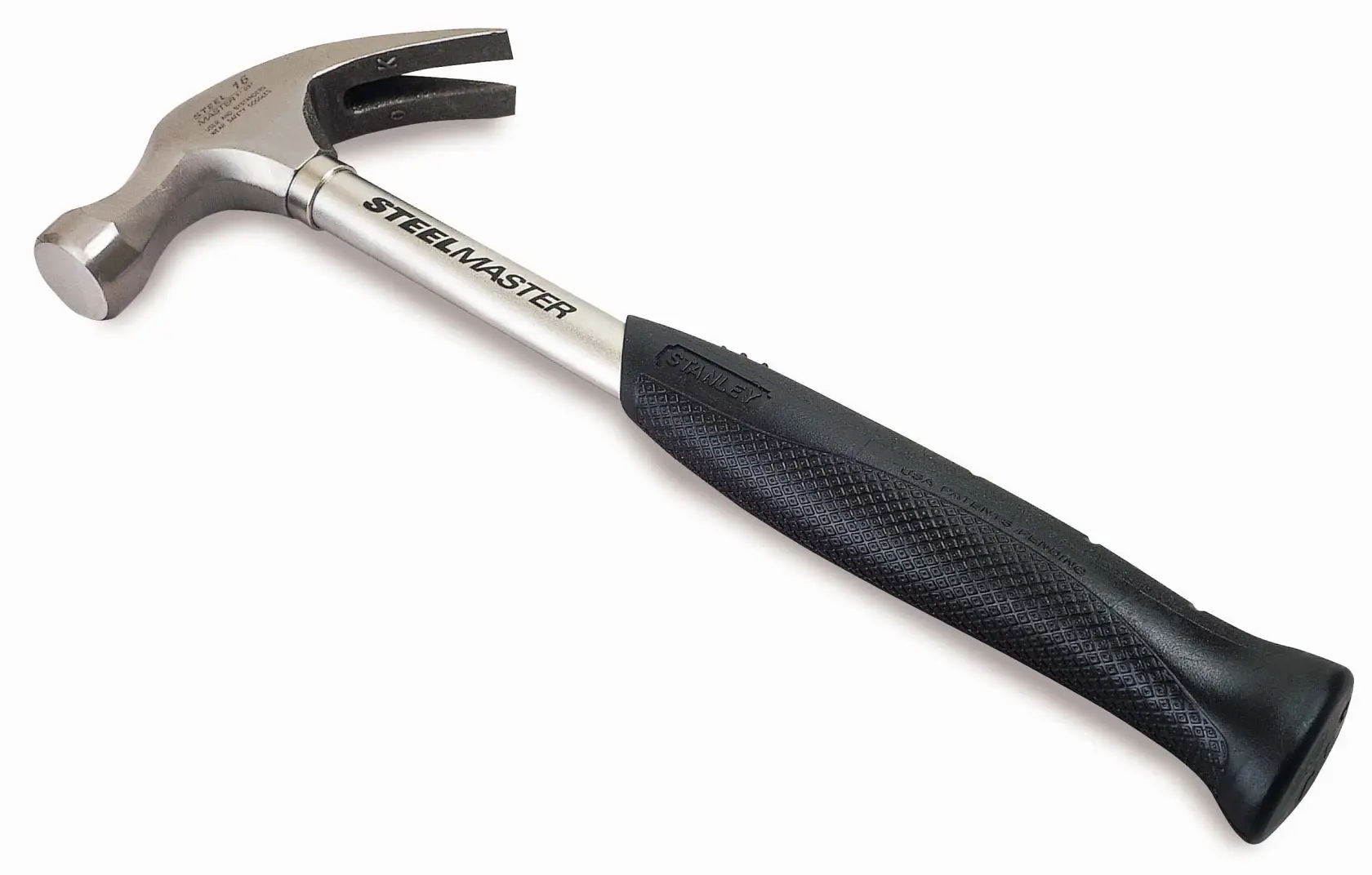 Stanley Steelmaster hammer with black grip and claw head, designed for construction and carpentry tasks.