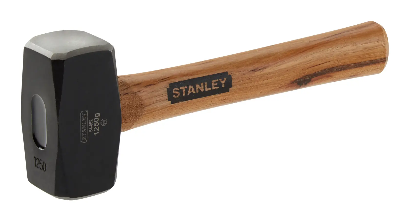 STANLEY 1-54-052 masse avec tête en métal noir et manche en bois naturel, vue latérale sur fond blanc.