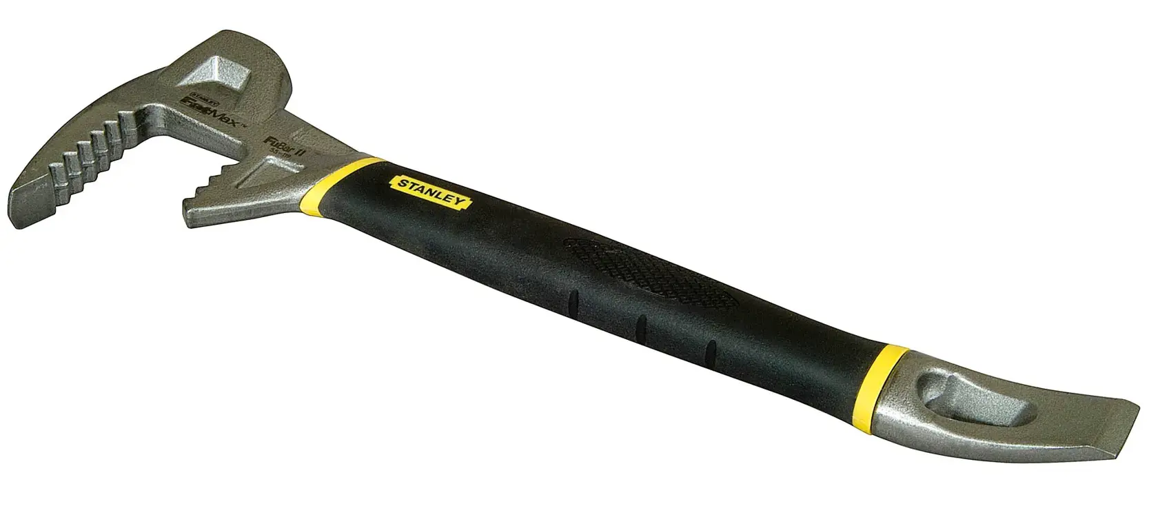 Stanley claw bar tool with a black and yellow handle and metallic, curved ends for demolition and prying.