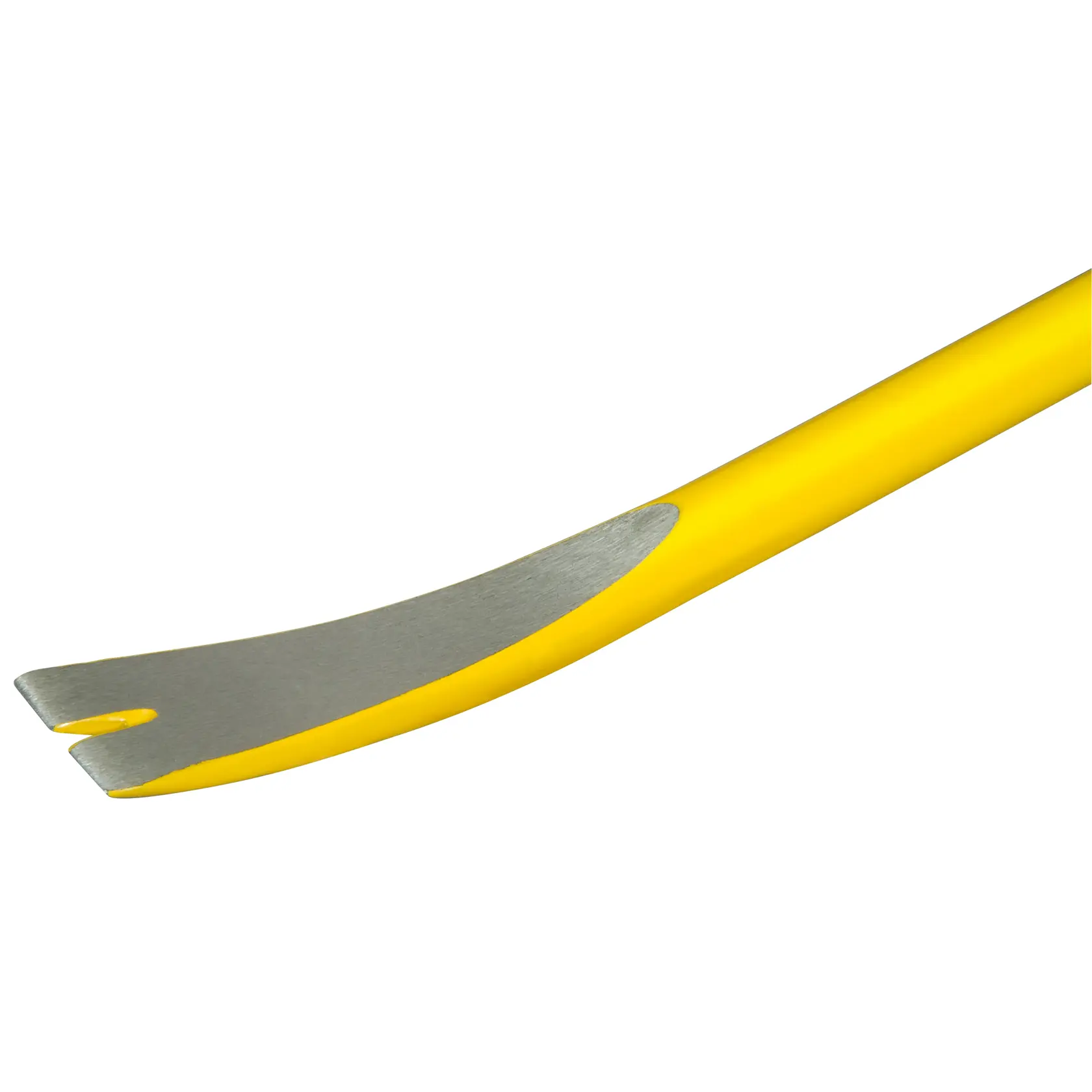 Close-up of a yellow pry bar with a curved metal end and a notch, against a white background.