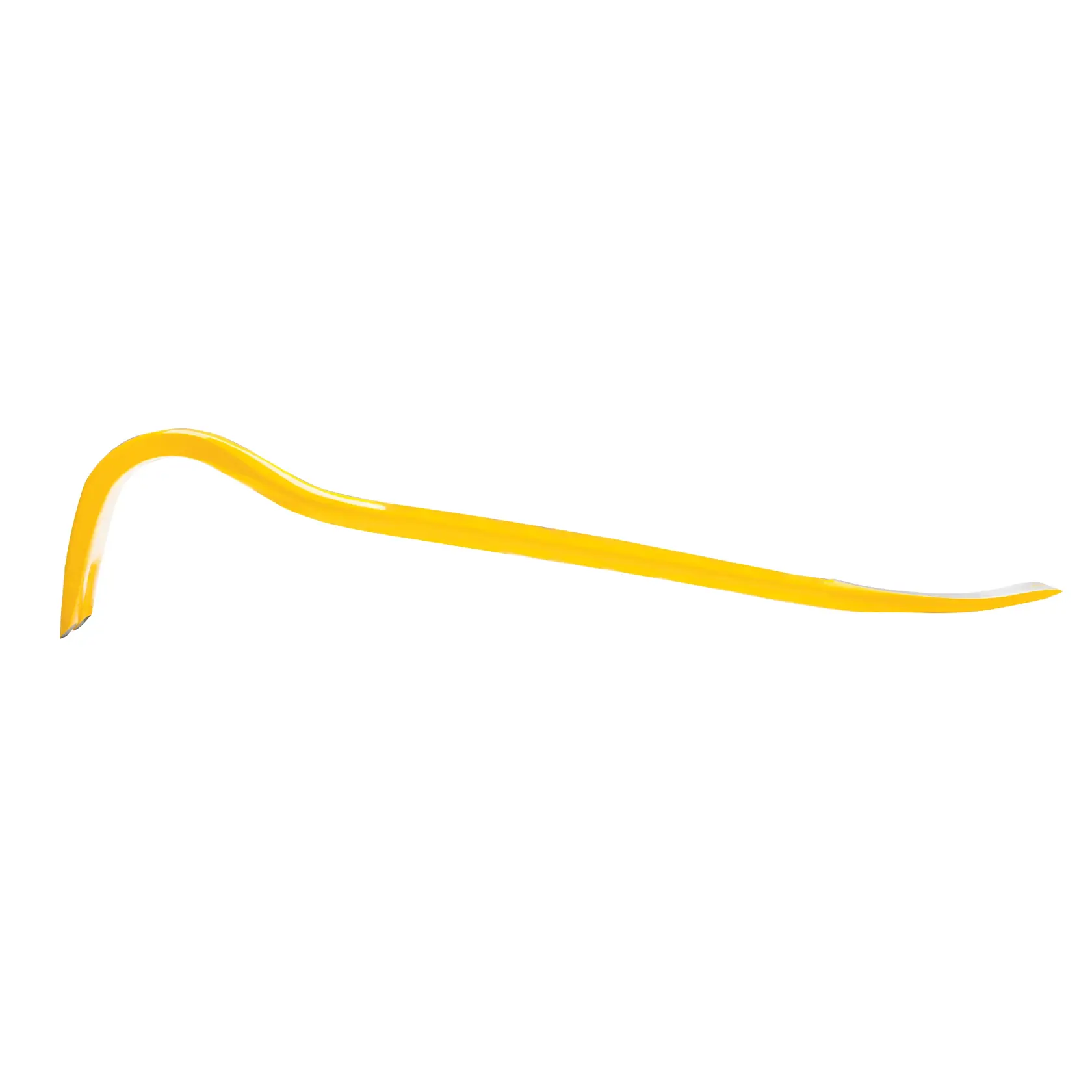 Yellow Stanley crowbar tool with curved and flat ends, shown on a white background.