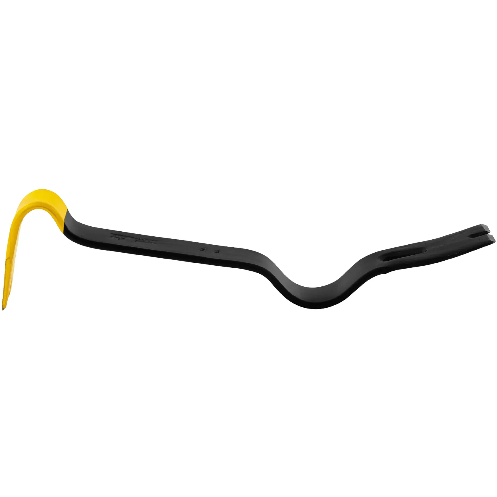 A black and yellow STANLEY crowbar tool with curved ends, designed for prying and removing nails.