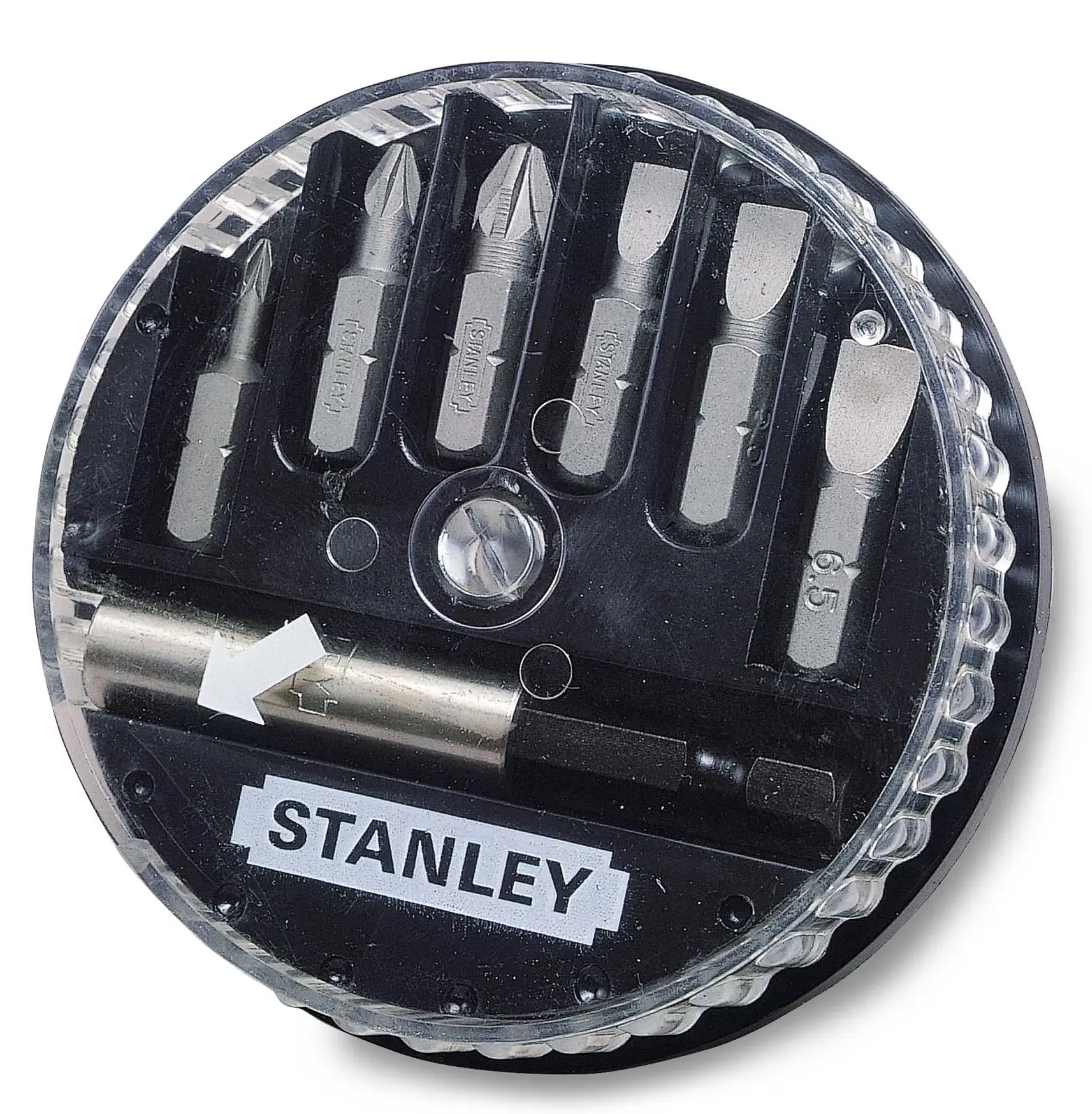 Round Stanley case with assorted screwdriver bits and adapter for various uses.