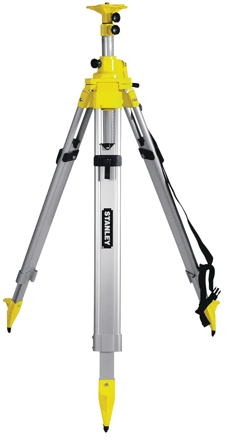 STANLEY 1-77-164 aluminum tripod with yellow and silver finish, front angle, survey equipment.