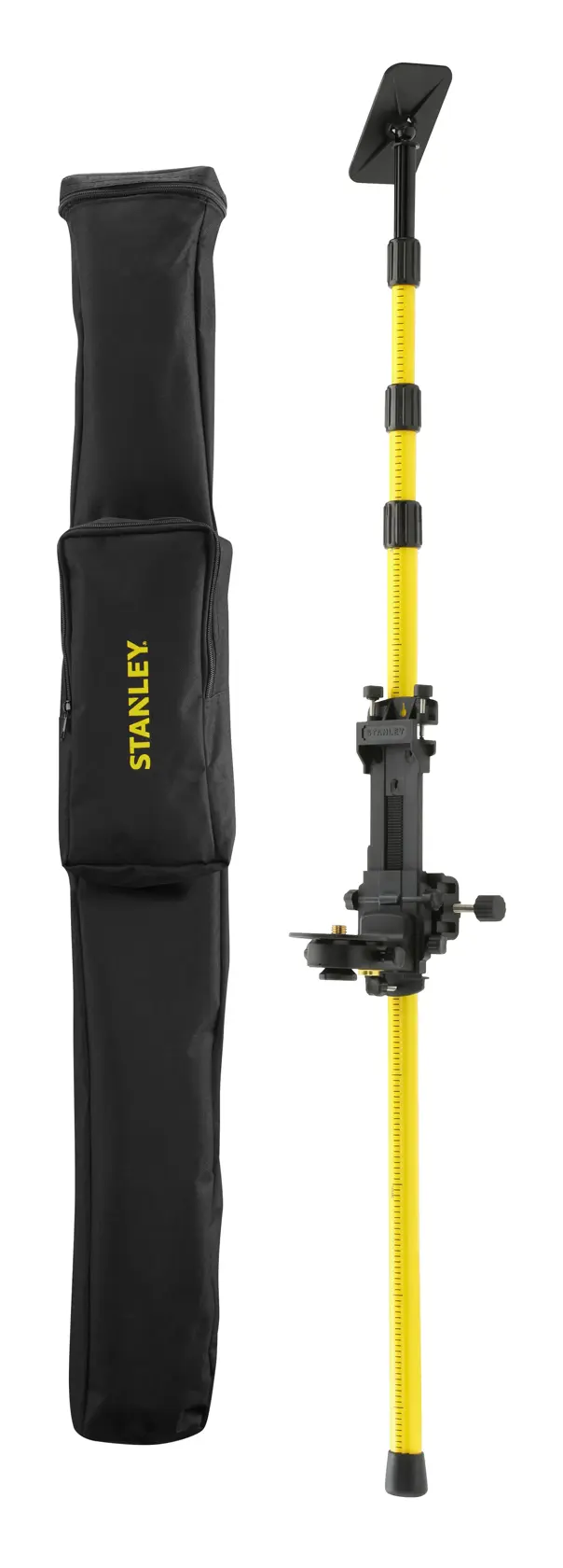 STANLEY 1-77-221 photography tripod with yellow telescopic pole and black carrying bag, front view