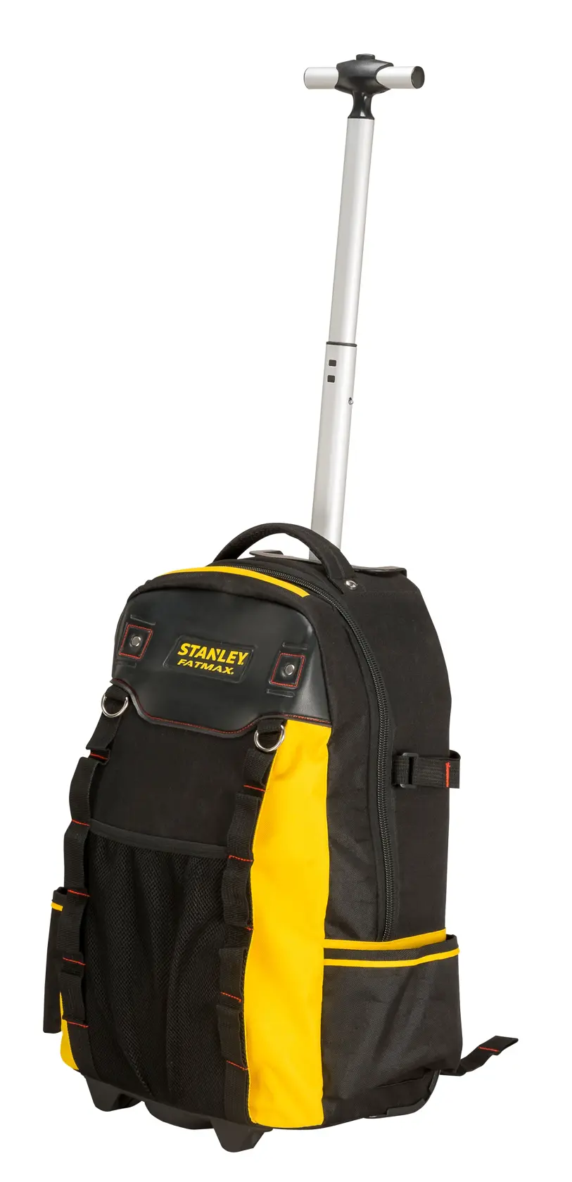Sac à dos Stanley noir et jaune à roulettes avec poignée extensible, poches avant et tissu résistant.
