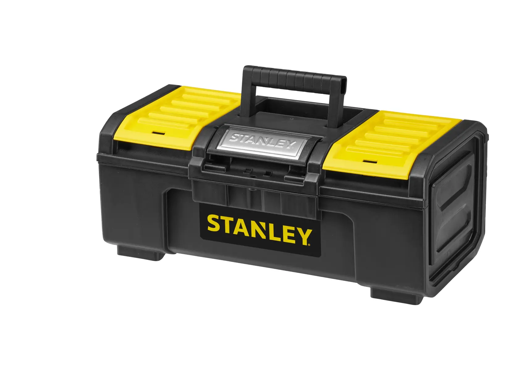 STANLEY 1-79-216 boîte à outils plastique noire et jaune, vue avant, poignée solide, fermeture sécurisée.