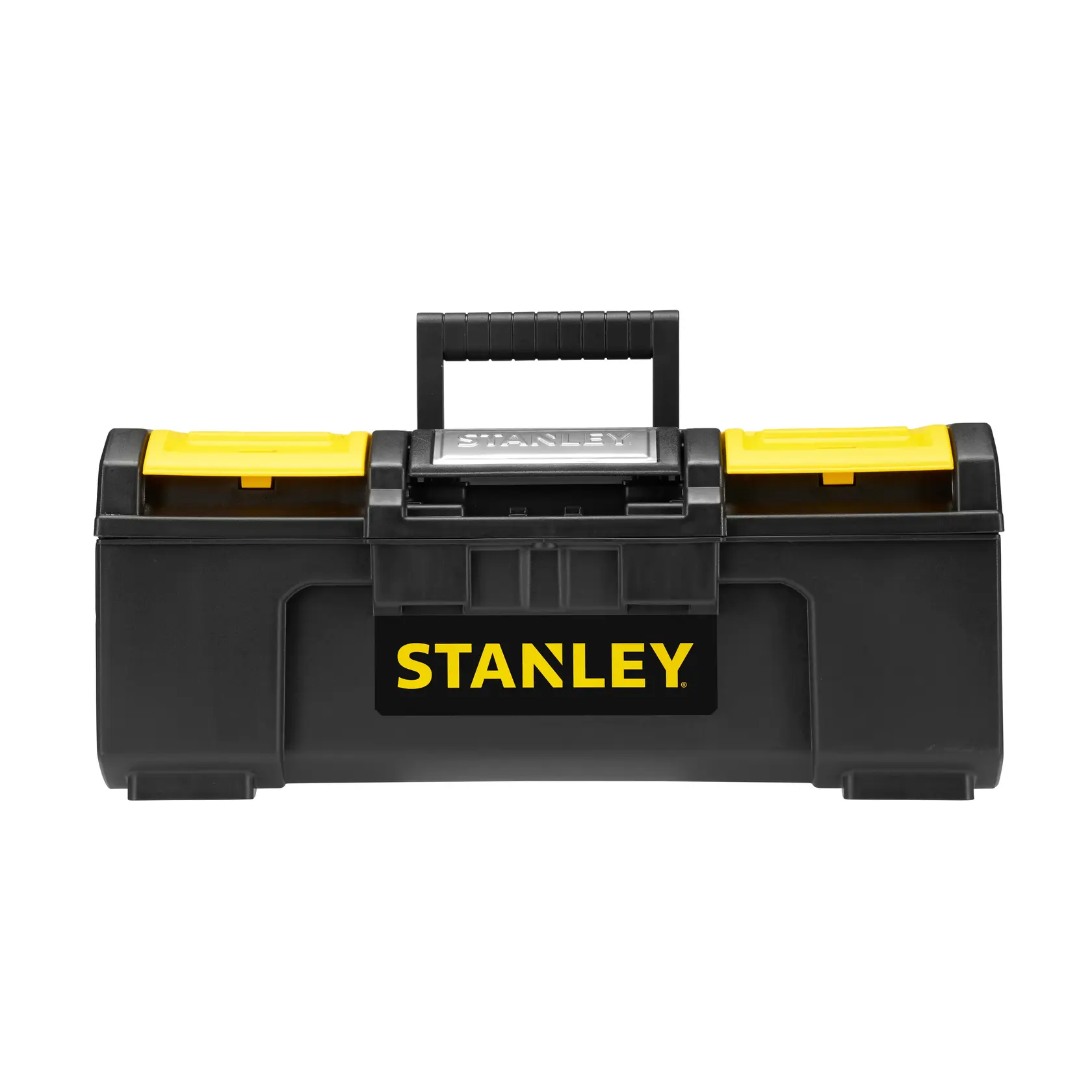 STANLEY 1-79-216 boîte à outils noire et jaune, vue de face, poignée centrale et deux loquets jaunes.