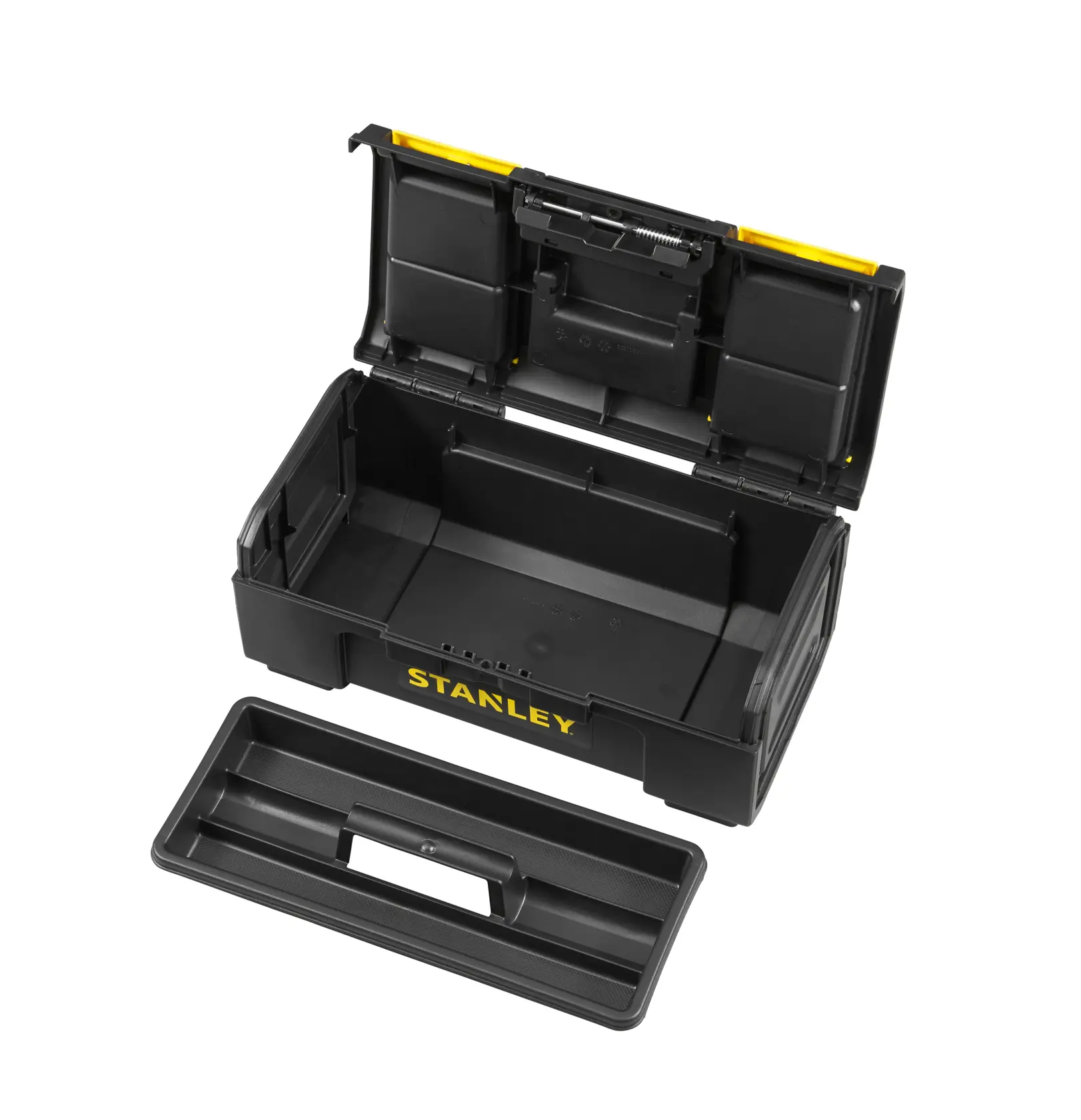 STANLEY 1-79-216 boîte à outils noire avec couvercle ouvert et plateau amovible, vue avant inclinée sur fond blanc.