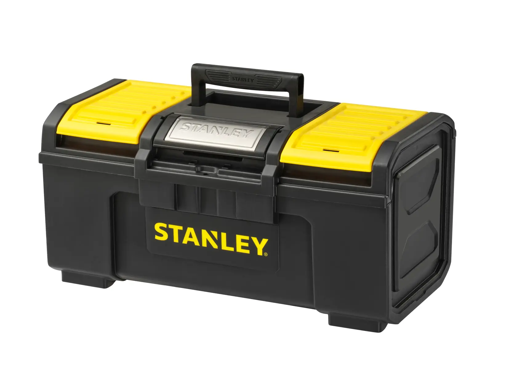STANLEY 1-79-217 boîte à outils en plastique noir et jaune avec loquet en métal, angle avant, fond blanc.
