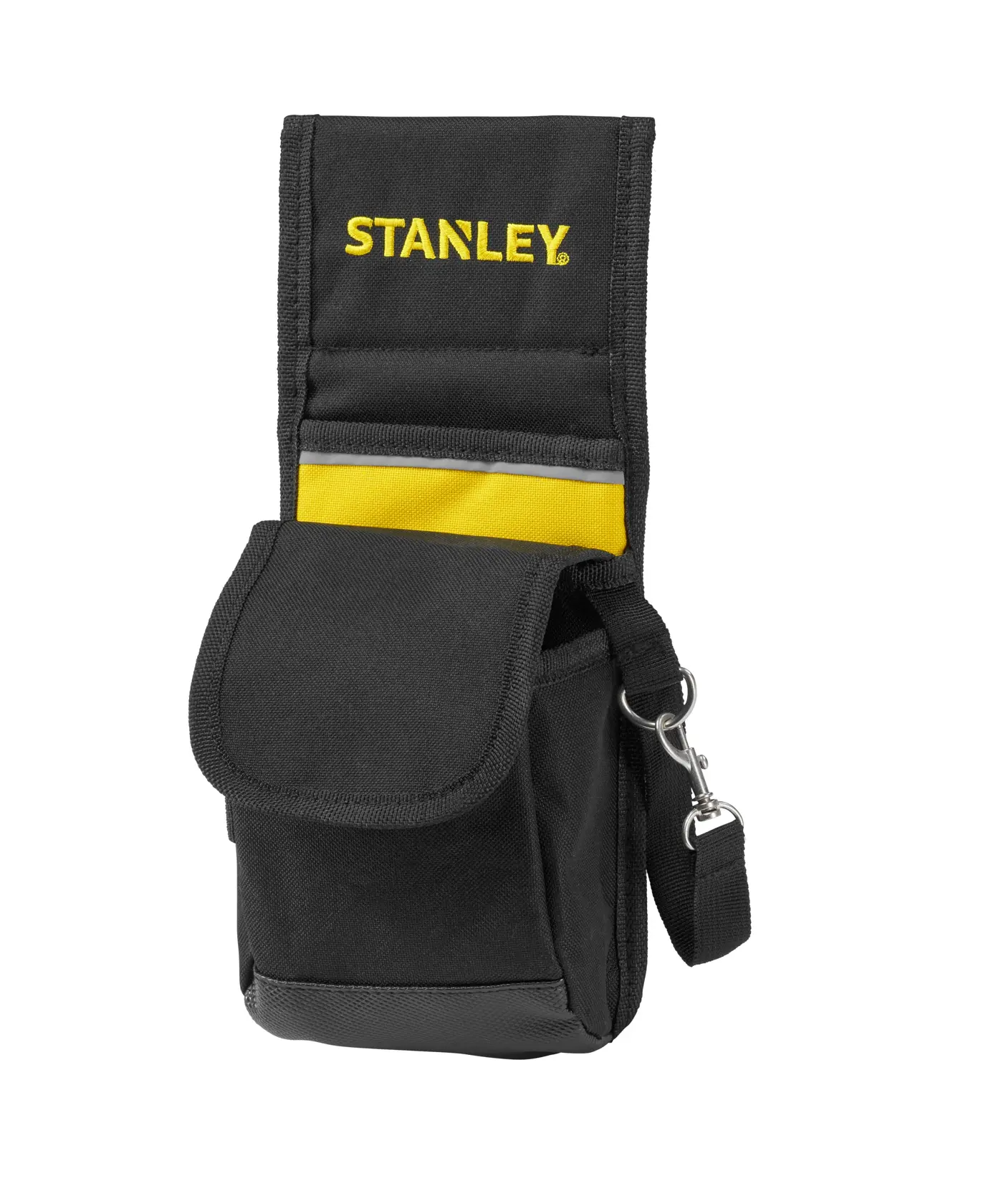 Photo de la pochette à outils noire et jaune STANLEY 1-93-329, vue de face, avec rabat et clip métallique.