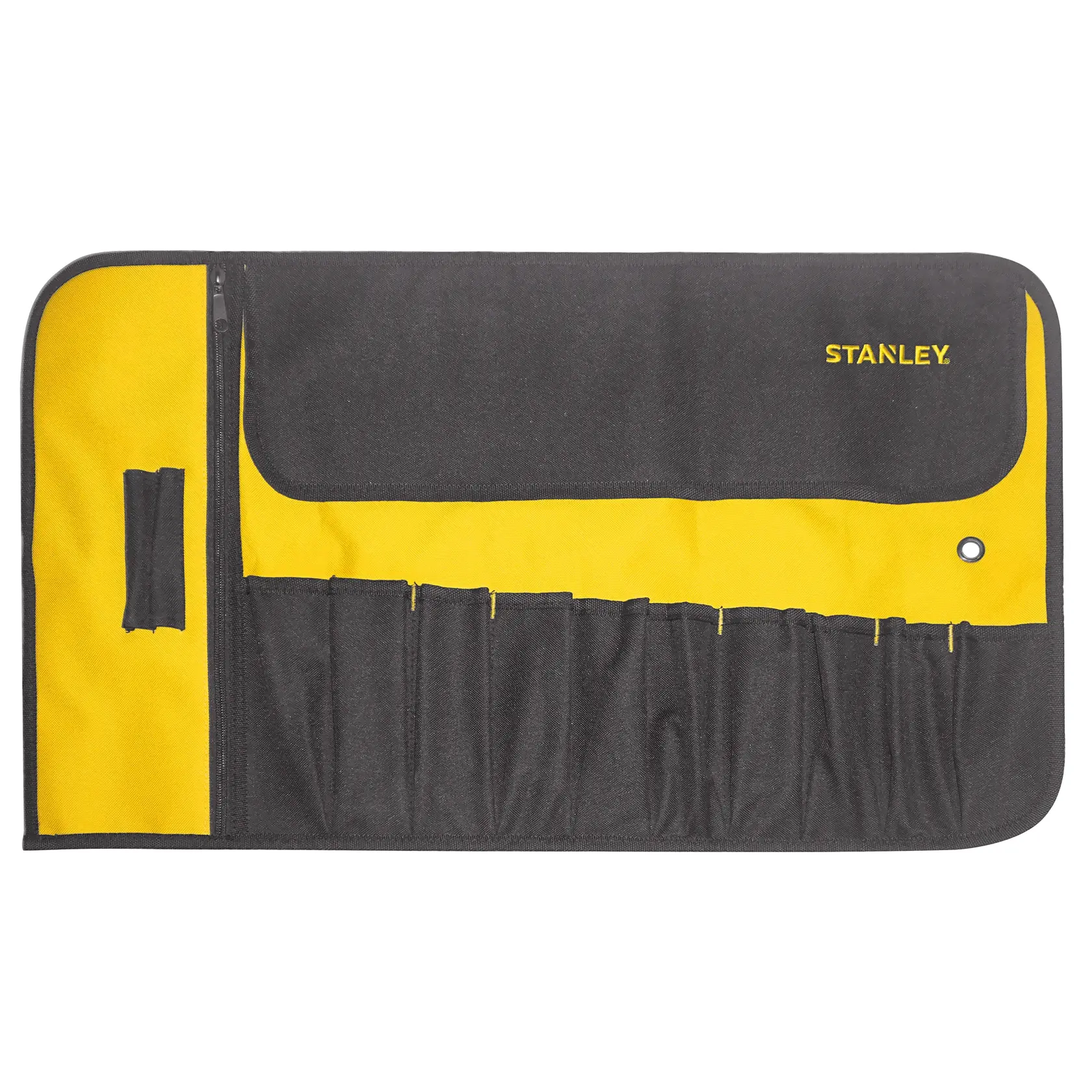 STANLEY 1-93-601 trousse à outils, tissu noir et jaune avec plusieurs poches, vue de dessus à plat.