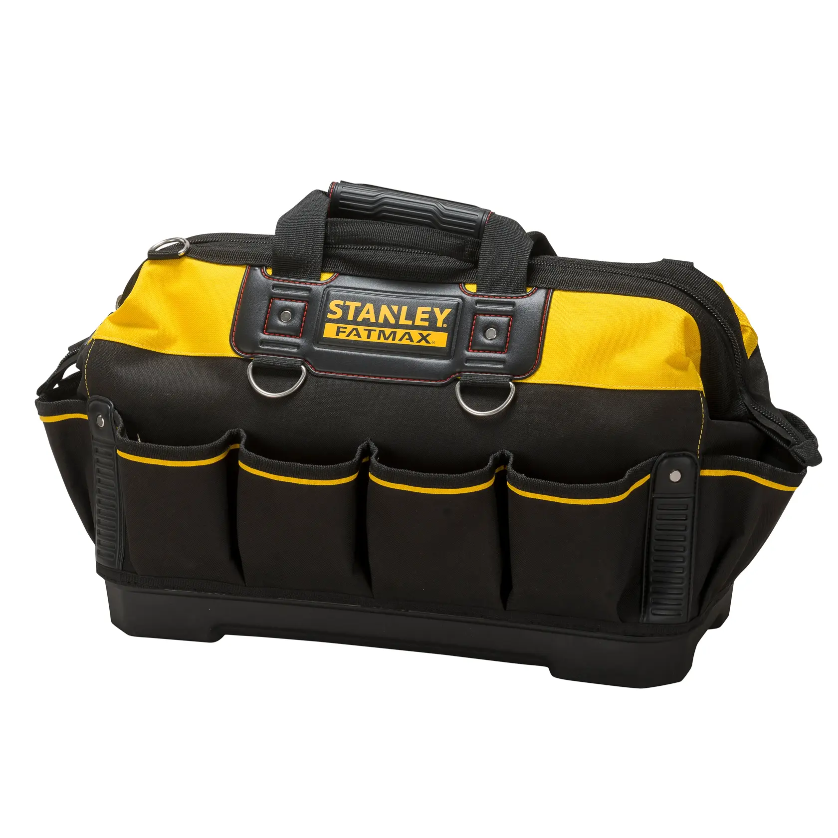 Sac à outils Stanley Fatmax noir et jaune, avec poches frontales multiples et poignée robuste.
