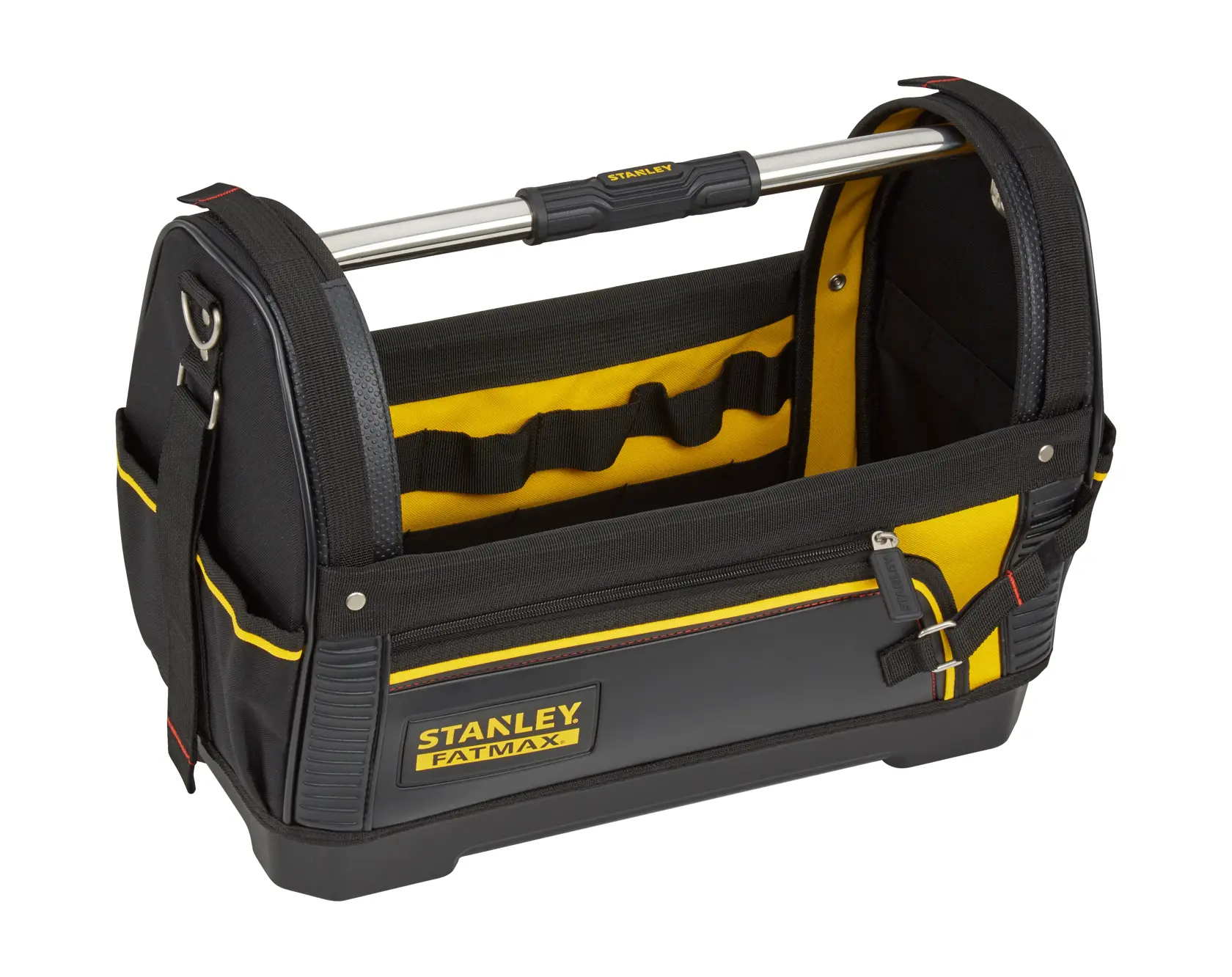 Sac à outils ouvert noir et jaune avec poignée métallique et plusieurs compartiments pour organiser les outils.
