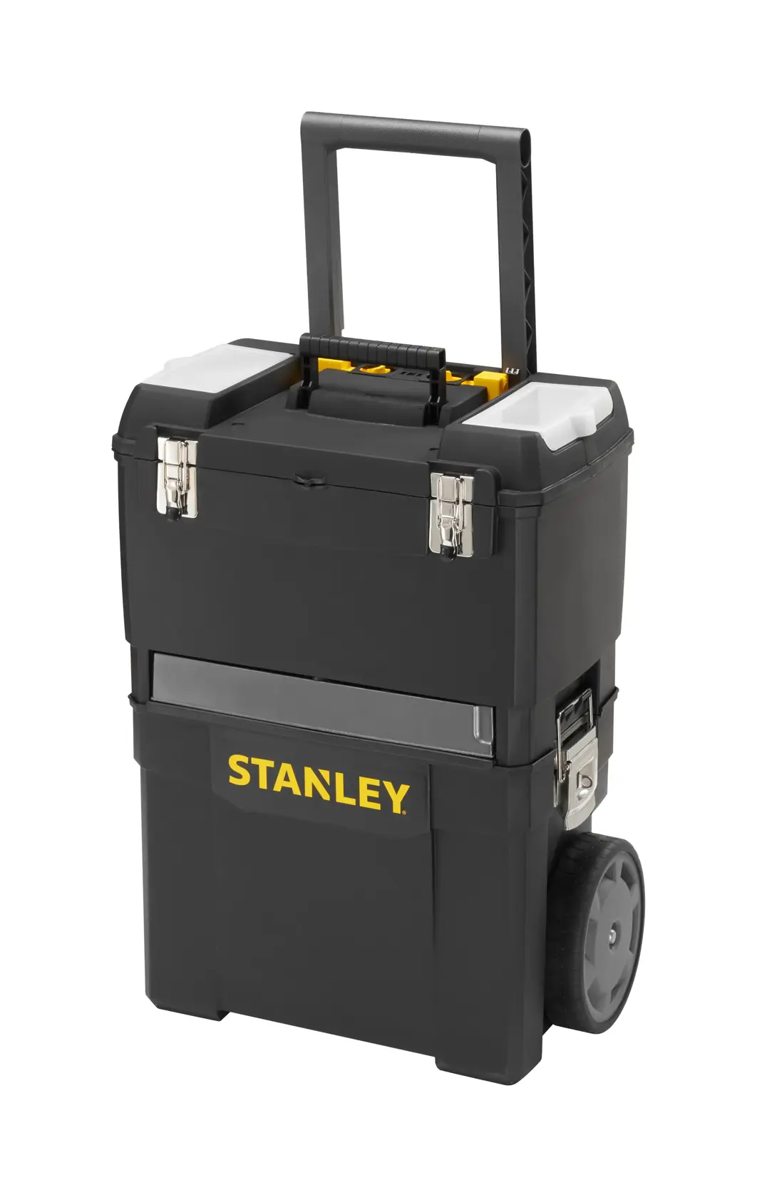 STANLEY 1-93-968 boîte à outils roulante avec poignée télescopique, noire avec logo jaune, fond blanc, angle avant.