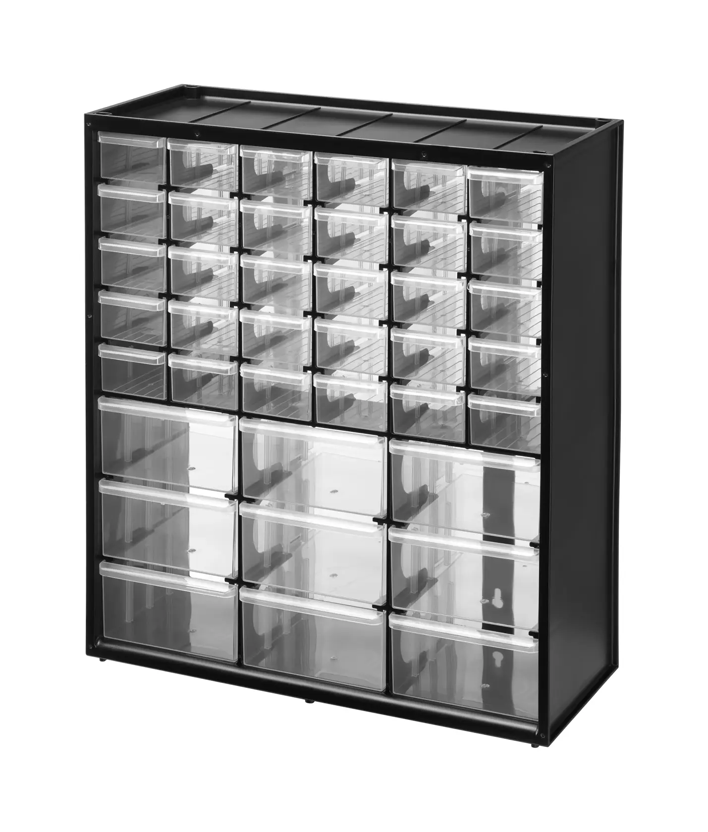 STANLEY 1-93-981 organiseur de rangement noir avec 30 petits tiroirs et 9 grands tiroirs transparents, vue de face.