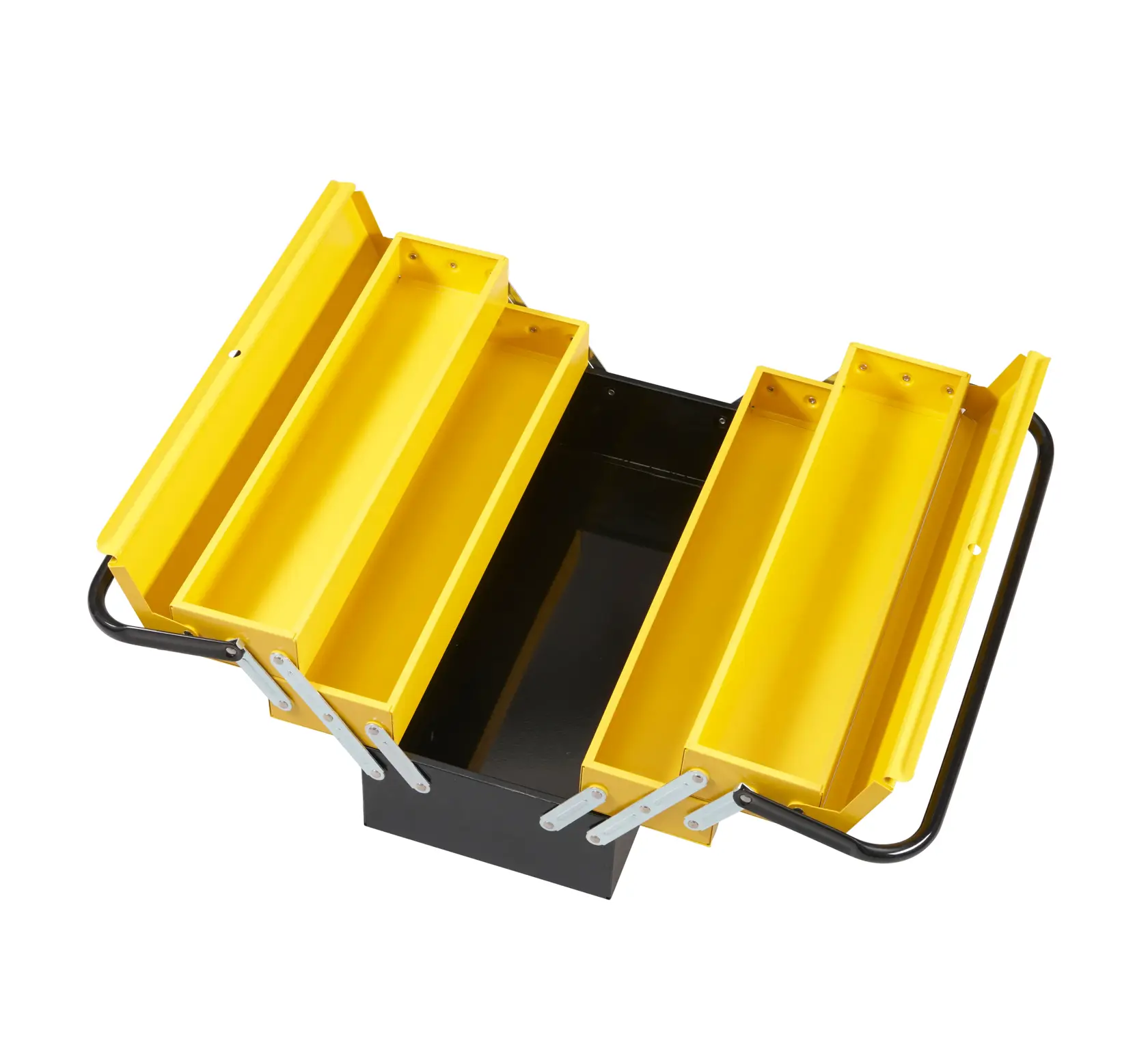 STANLEY 1-94-738 Metall-Kasten mit gelben Fächern, offene Draufsicht, Fotografieprodukt.