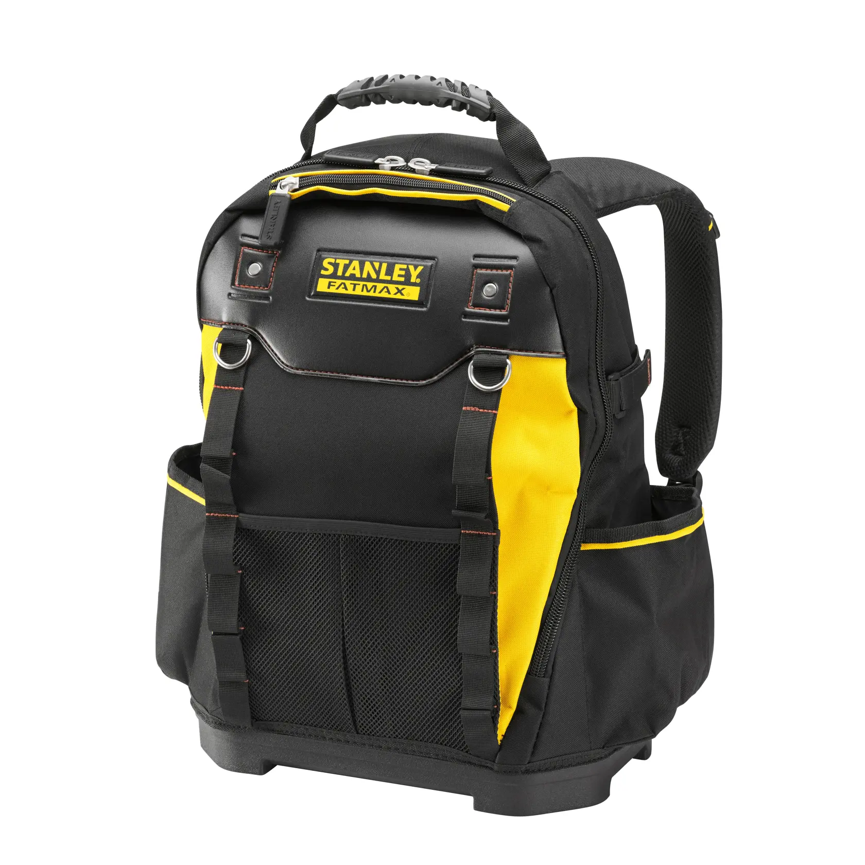 Photo du sac à dos à outils STANLEY 1-95-611, noir et jaune, angle avant sur fond blanc, base robuste, multiples poches.